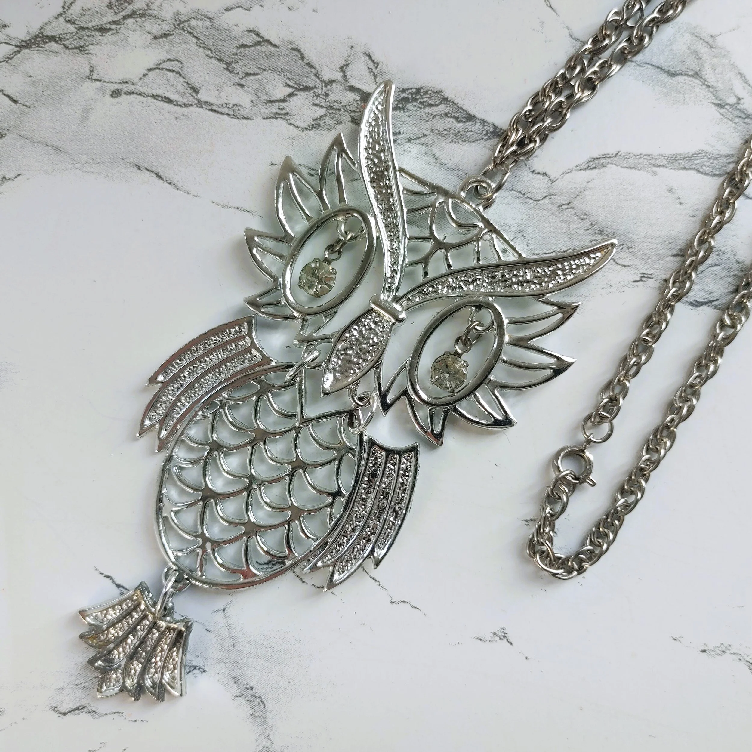 Vintage 1970s Silver Owl Necklace Articulated with Rhinestone Dangle Eyes