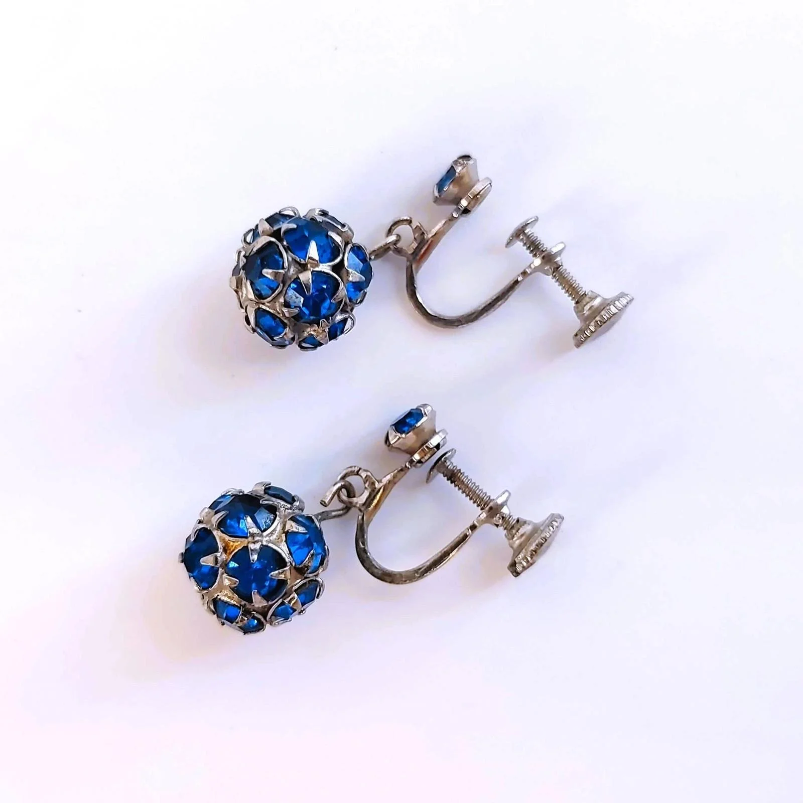 Vintage Cobalt Blue Rhinestones Drop Dangle Ball Screw Back Earrings