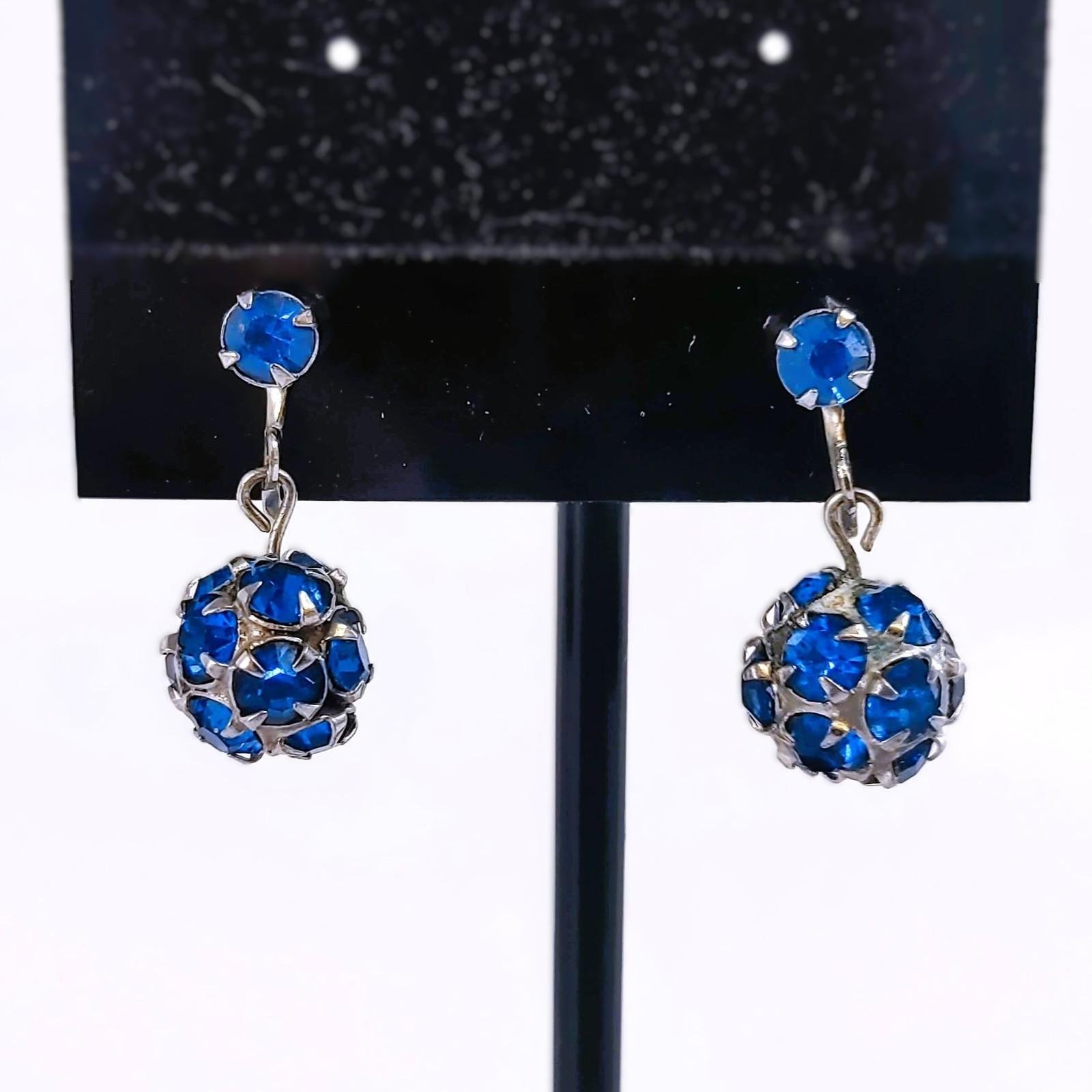 Vintage Cobalt Blue Rhinestones Drop Dangle Ball Screw Back Earrings