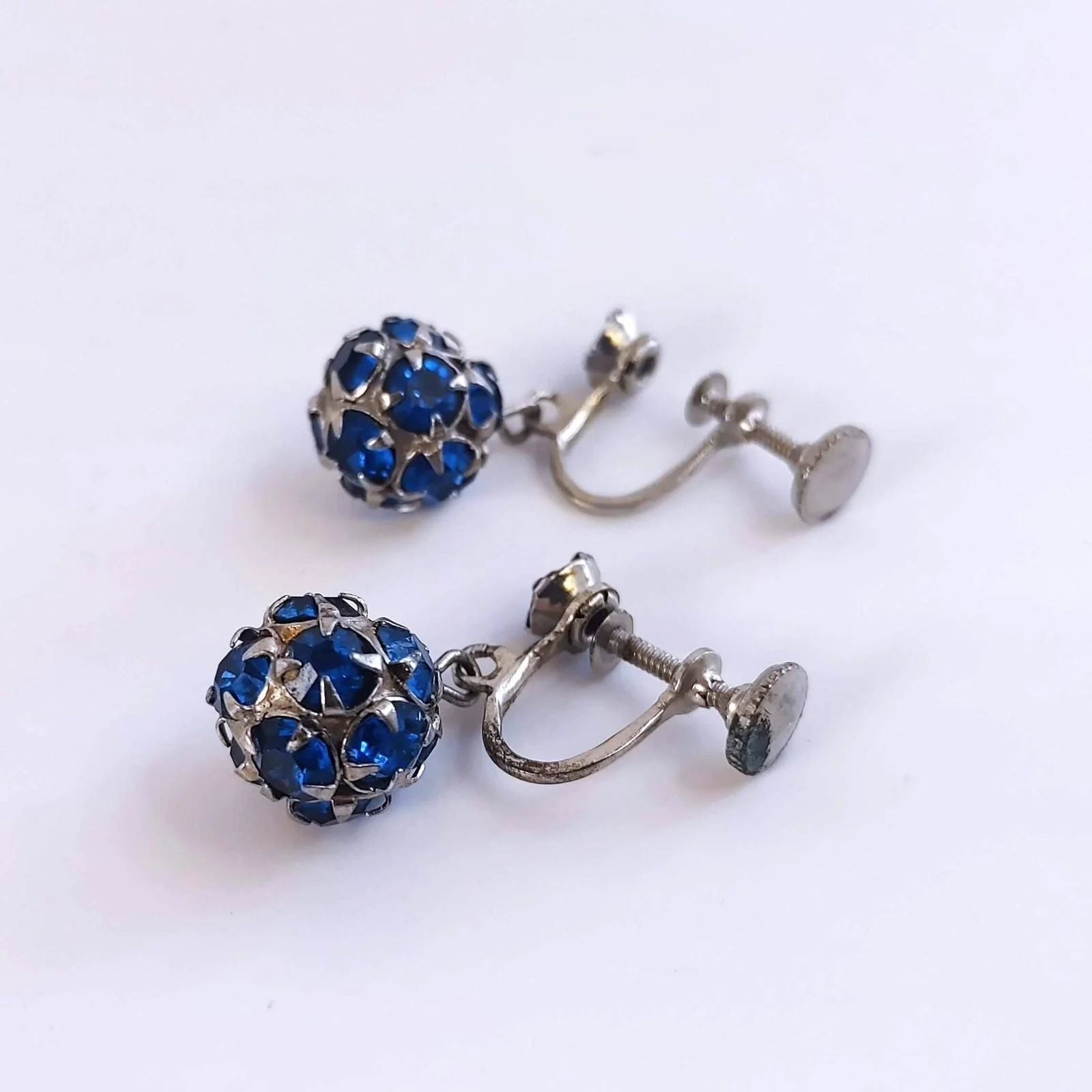 Vintage Cobalt Blue Rhinestones Drop Dangle Ball Screw Back Earrings