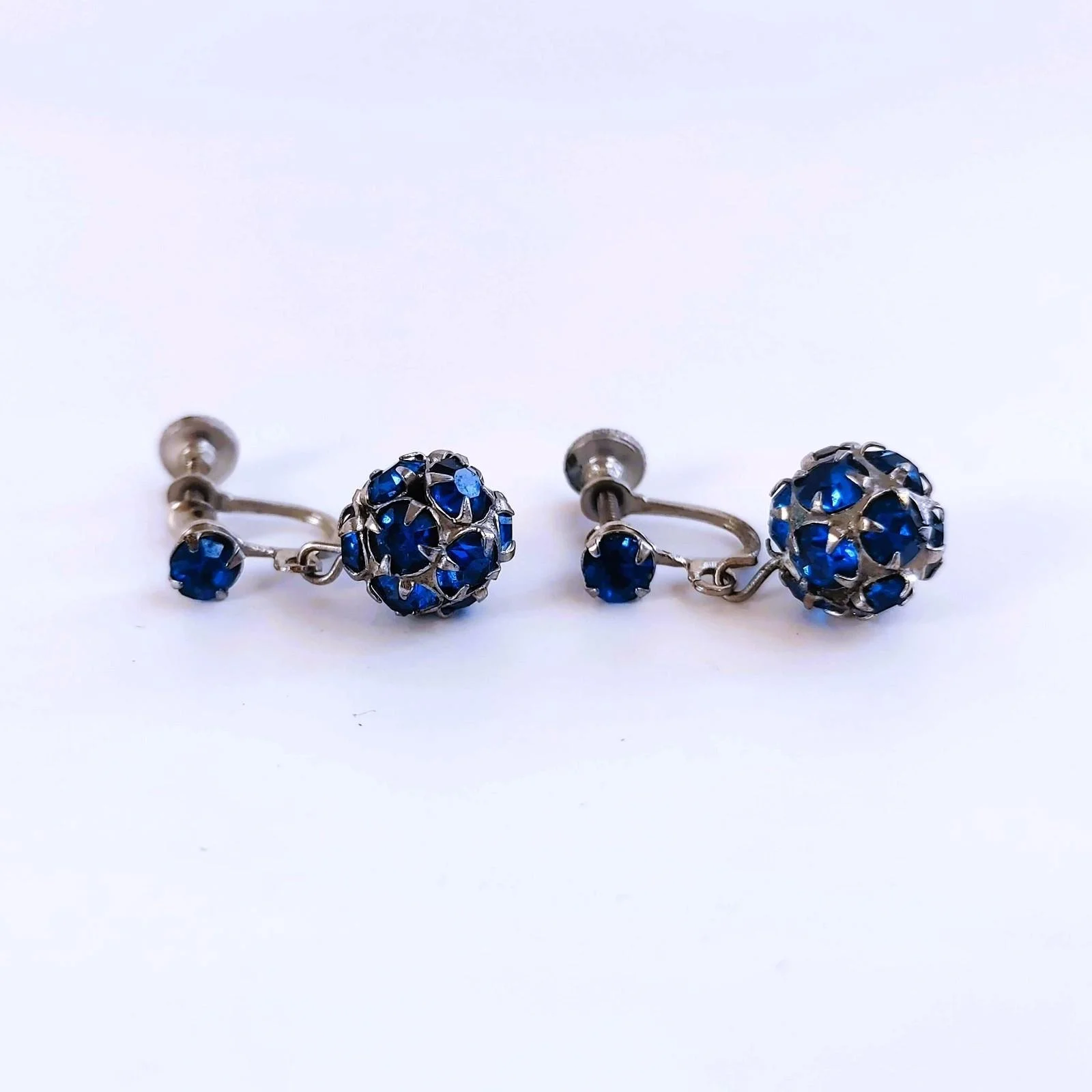 Vintage Cobalt Blue Rhinestones Drop Dangle Ball Screw Back Earrings