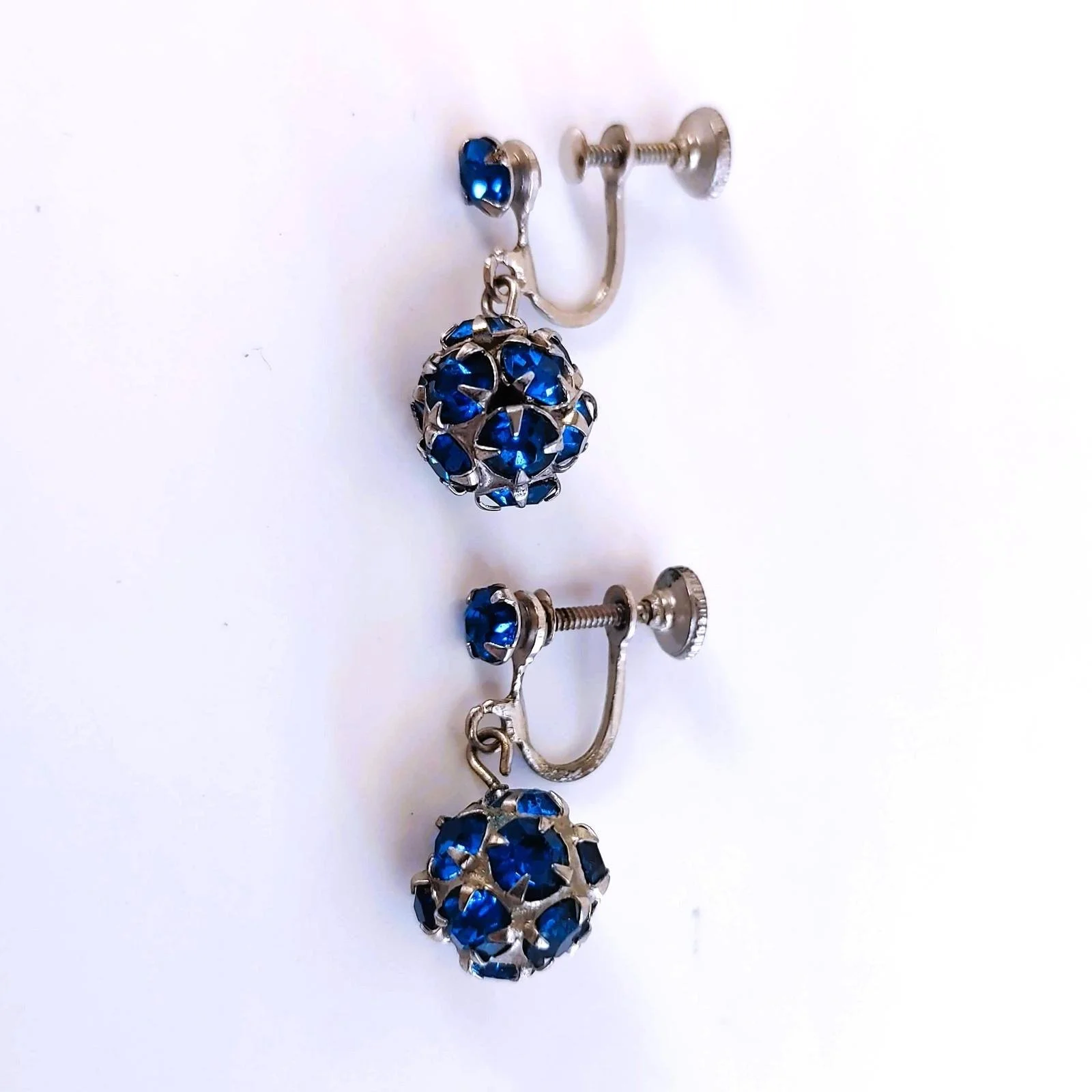 Vintage Cobalt Blue Rhinestones Drop Dangle Ball Screw Back Earrings