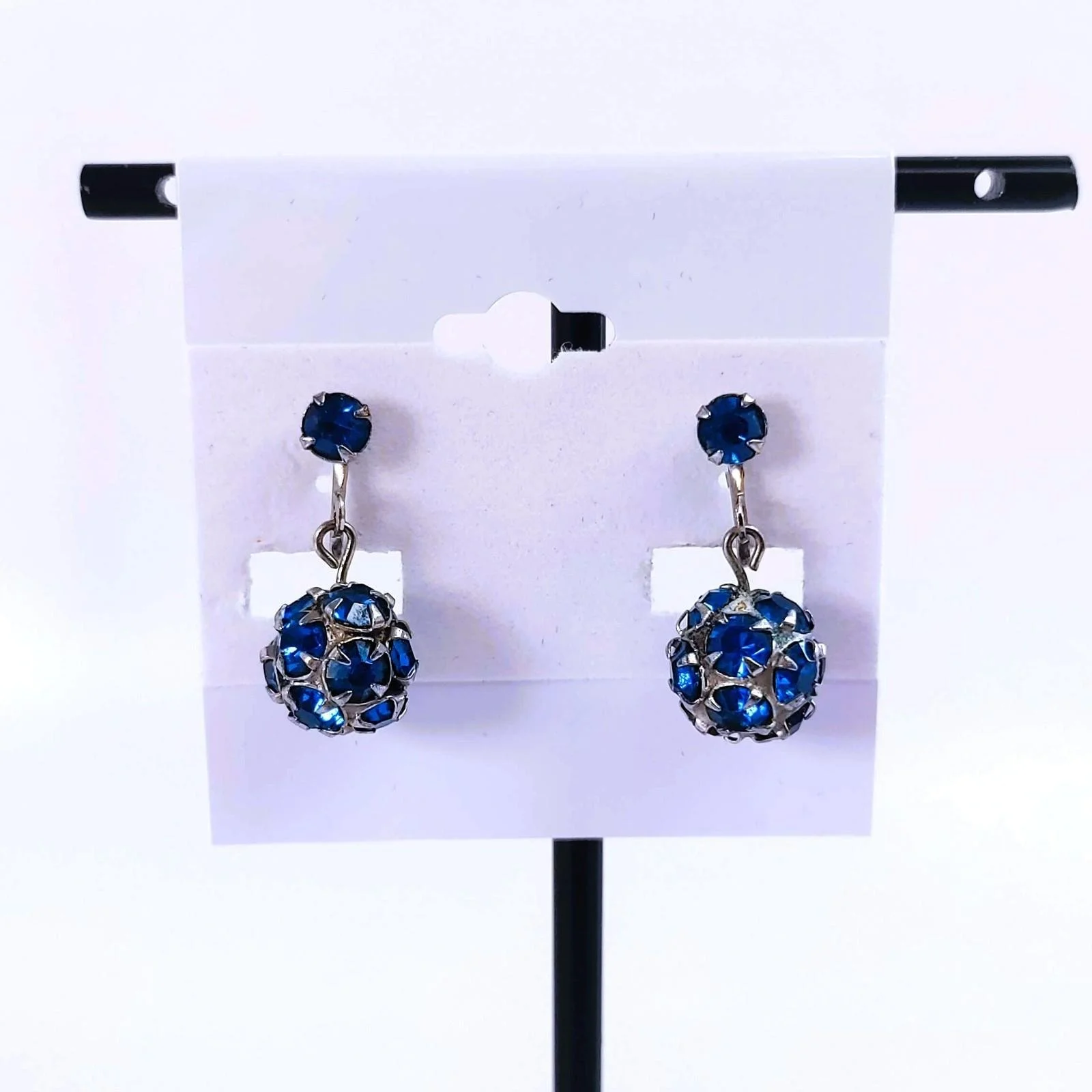 Vintage Cobalt Blue Rhinestones Drop Dangle Ball Screw Back Earrings