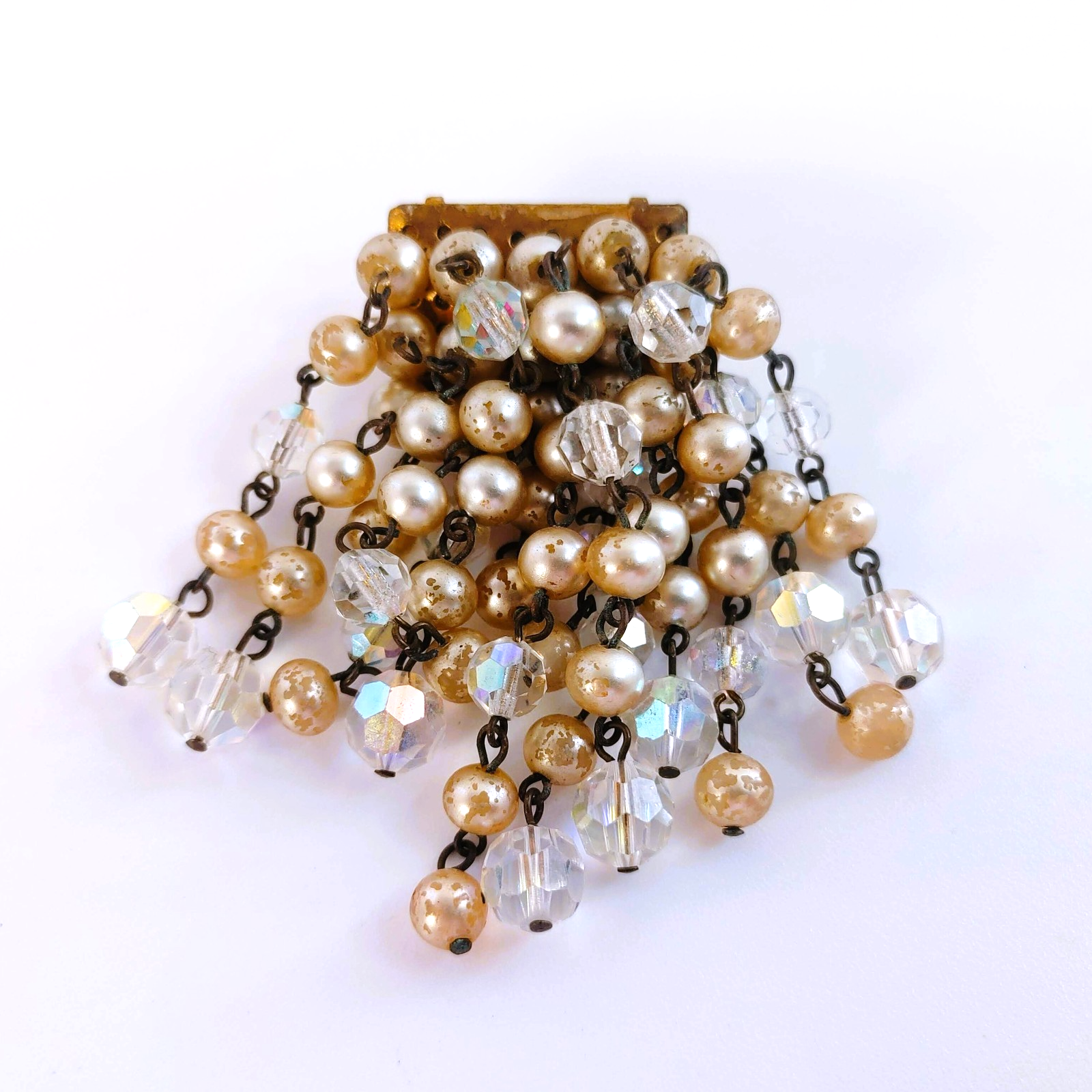 Vintage Waterfall Cha Cha Brooch Champagne Faux Pearl AB Faceted Bead Tassel Pin