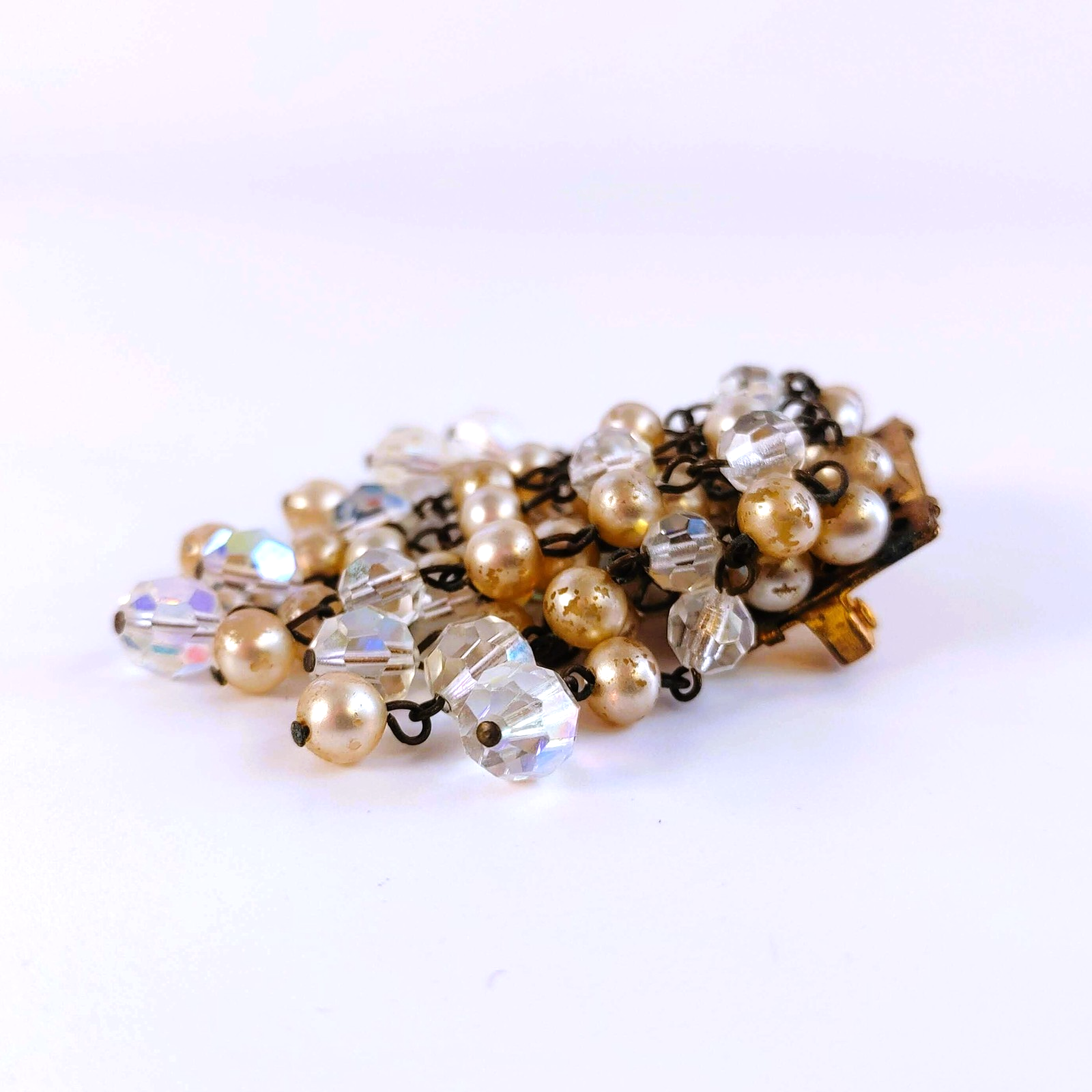 Vintage Waterfall Cha Cha Brooch Champagne Faux Pearl AB Faceted Bead Tassel Pin