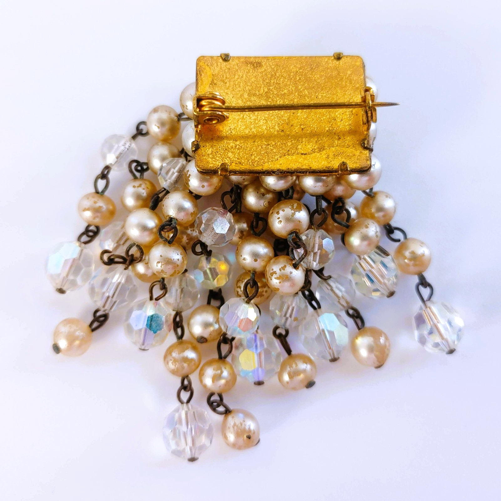 Vintage Waterfall Cha Cha Brooch Champagne Faux Pearl AB Faceted Bead Tassel Pin