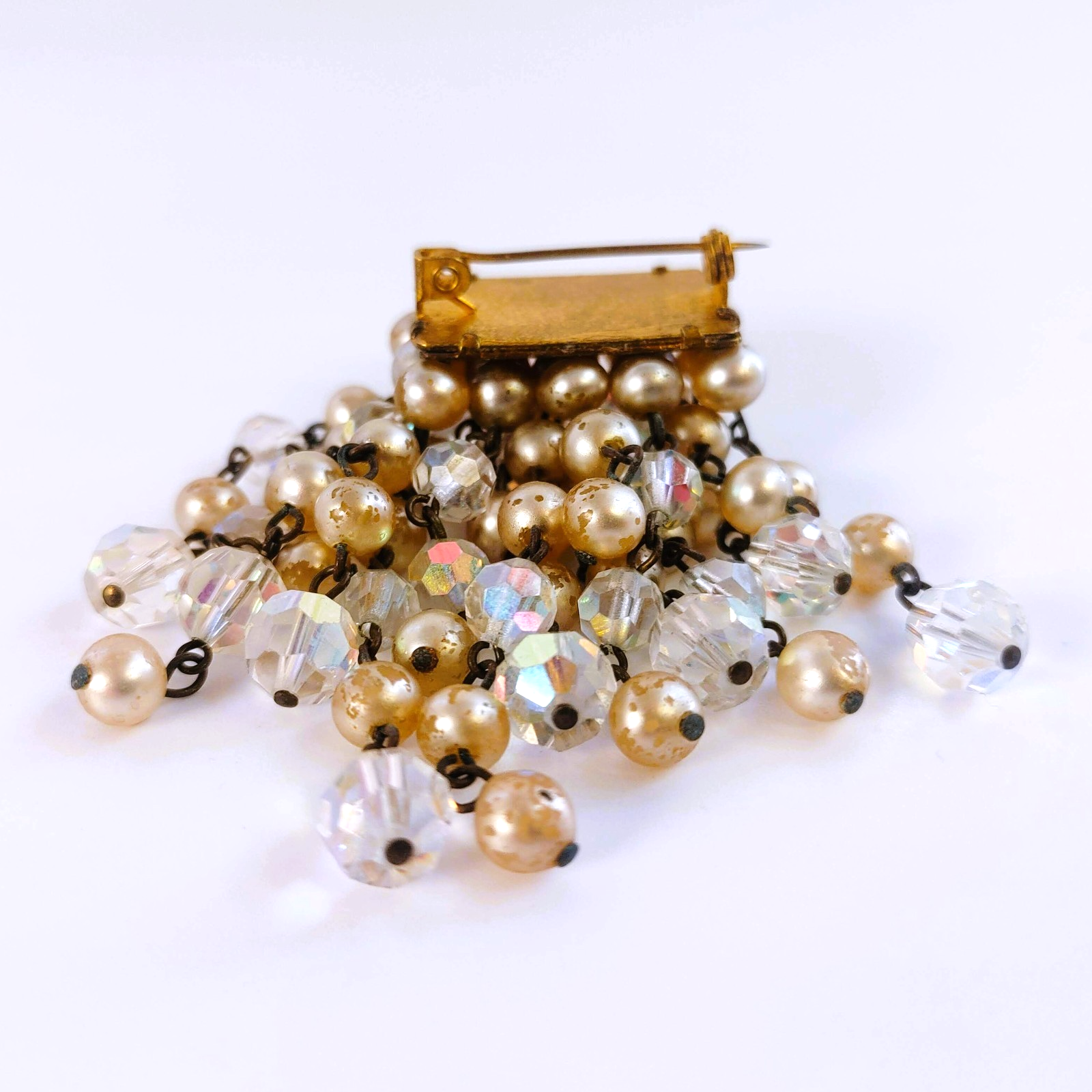 Vintage Waterfall Cha Cha Brooch Champagne Faux Pearl AB Faceted Bead Tassel Pin