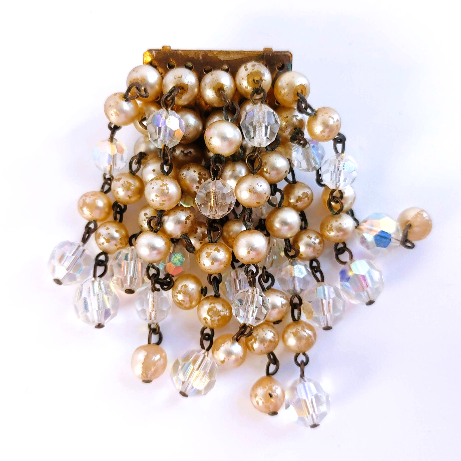 Vintage Waterfall Cha Cha Brooch Champagne Faux Pearl AB Faceted Bead Tassel Pin