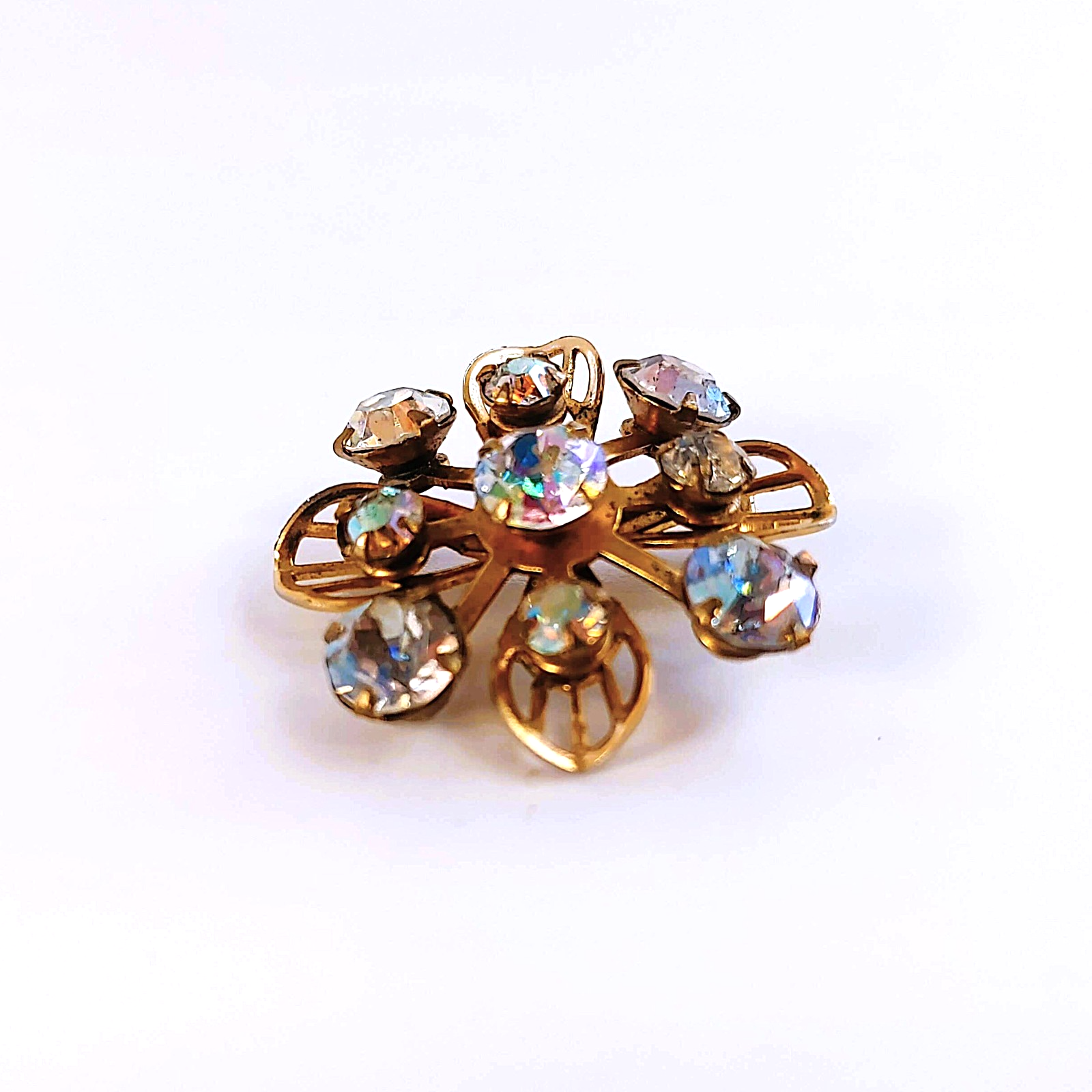 Vintage Mid-Century Gold Tone & Aurora Borealis Rhinestone Flower Brooch