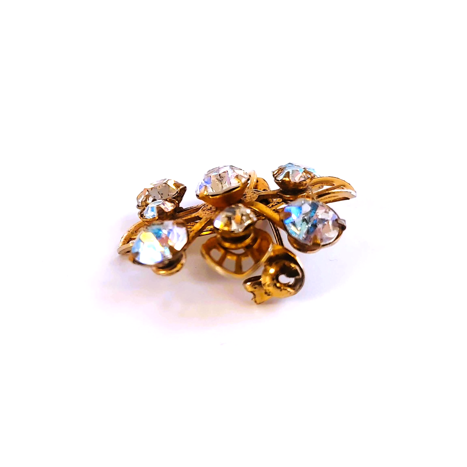 Vintage Mid-Century Gold Tone & Aurora Borealis Rhinestone Flower Brooch