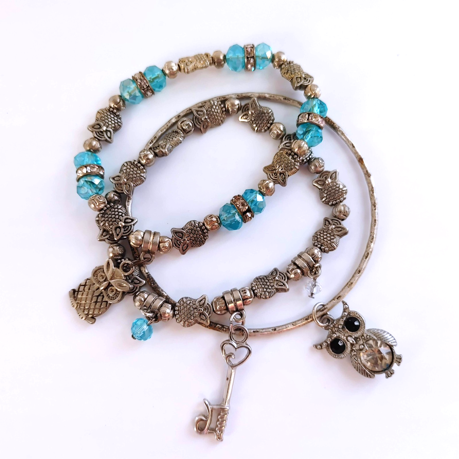Silver and Blue Owl Stacked Charm Bracelets - Set of 3