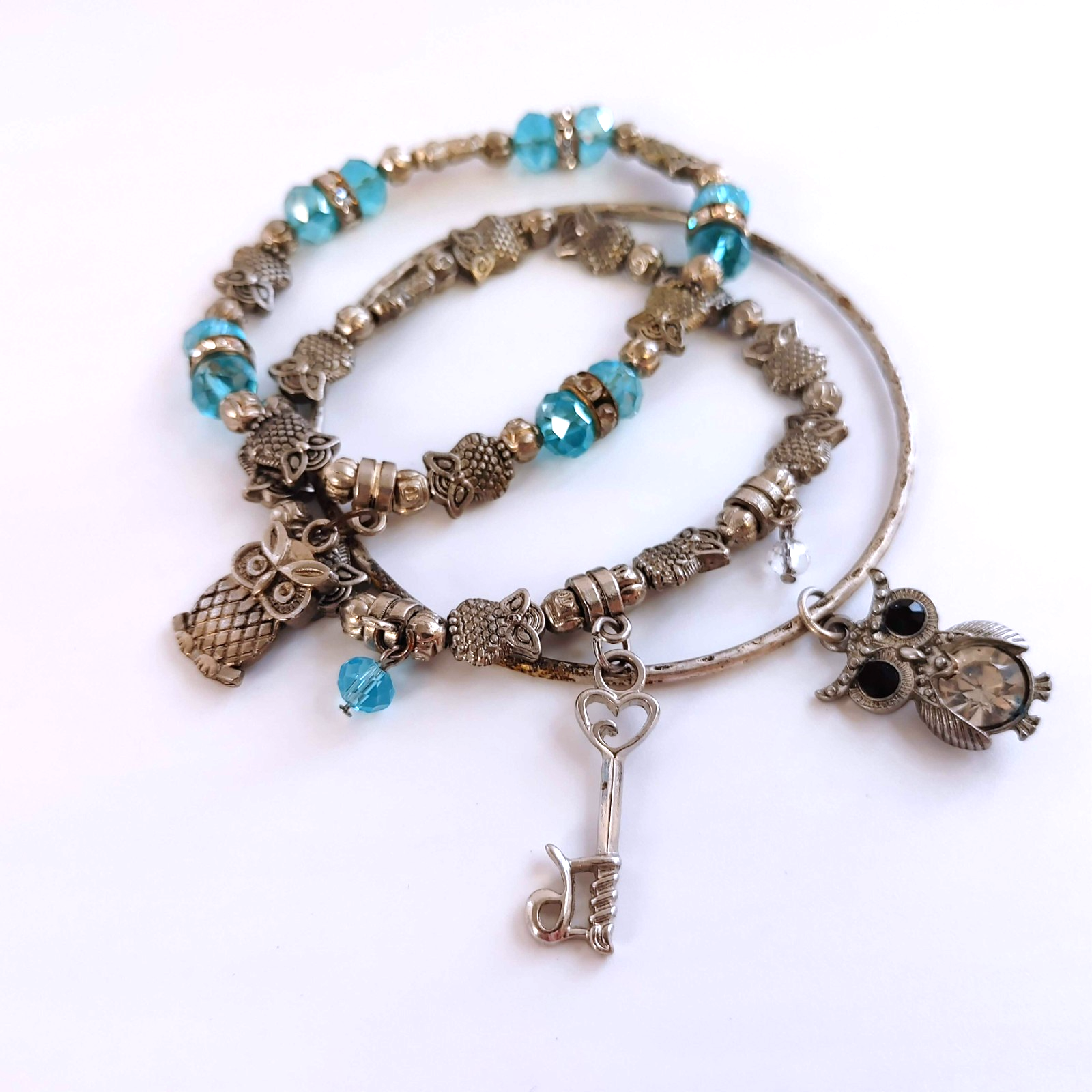 Silver and Blue Owl Stacked Charm Bracelets - Set of 3