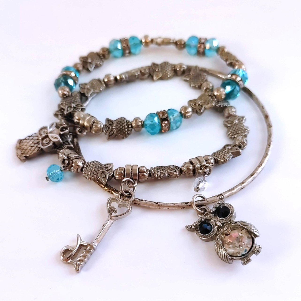 Silver and Blue Owl Stacked Charm Bracelets - Set of 3