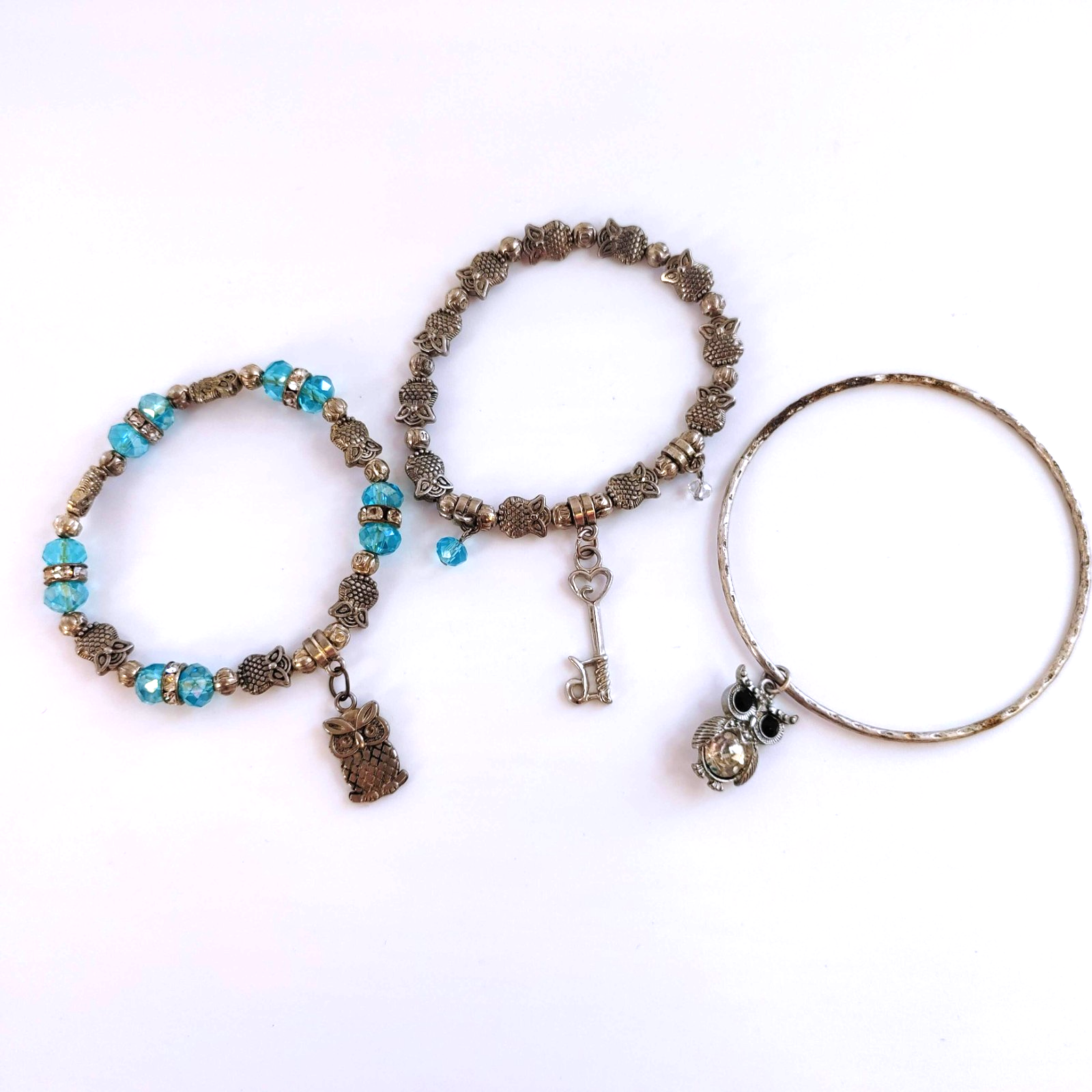 Silver and Blue Owl Stacked Charm Bracelets - Set of 3