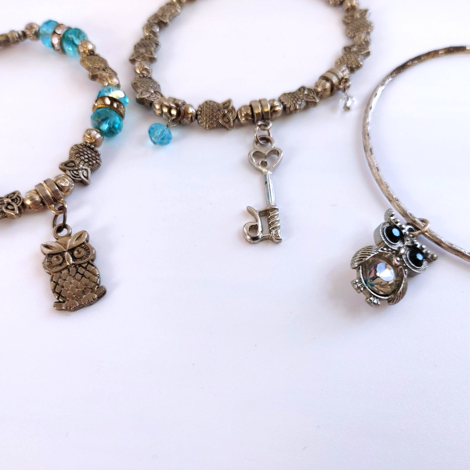 Silver and Blue Owl Stacked Charm Bracelets - Set of 3