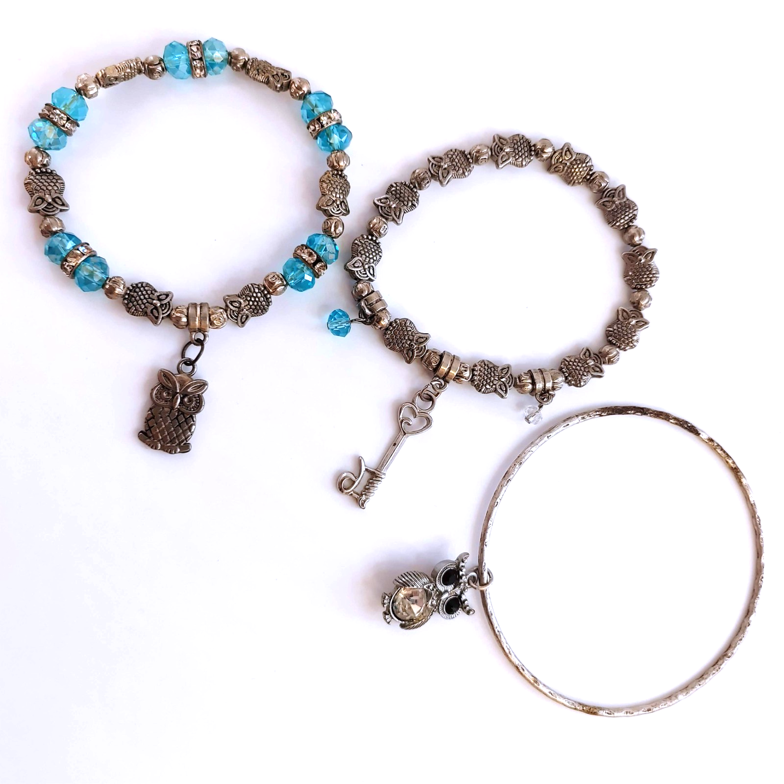 Silver and Blue Owl Stacked Charm Bracelets - Set of 3