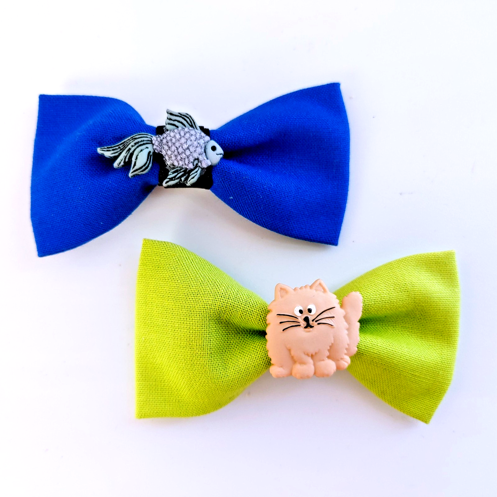 Handmade Cute Hair Bow Clips Cat and Fish Blue Green Set 2
