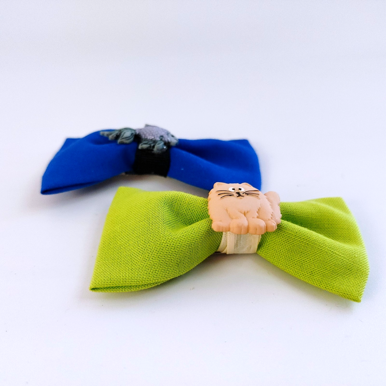 Handmade Cute Hair Bow Clips Cat and Fish Blue Green Set 2