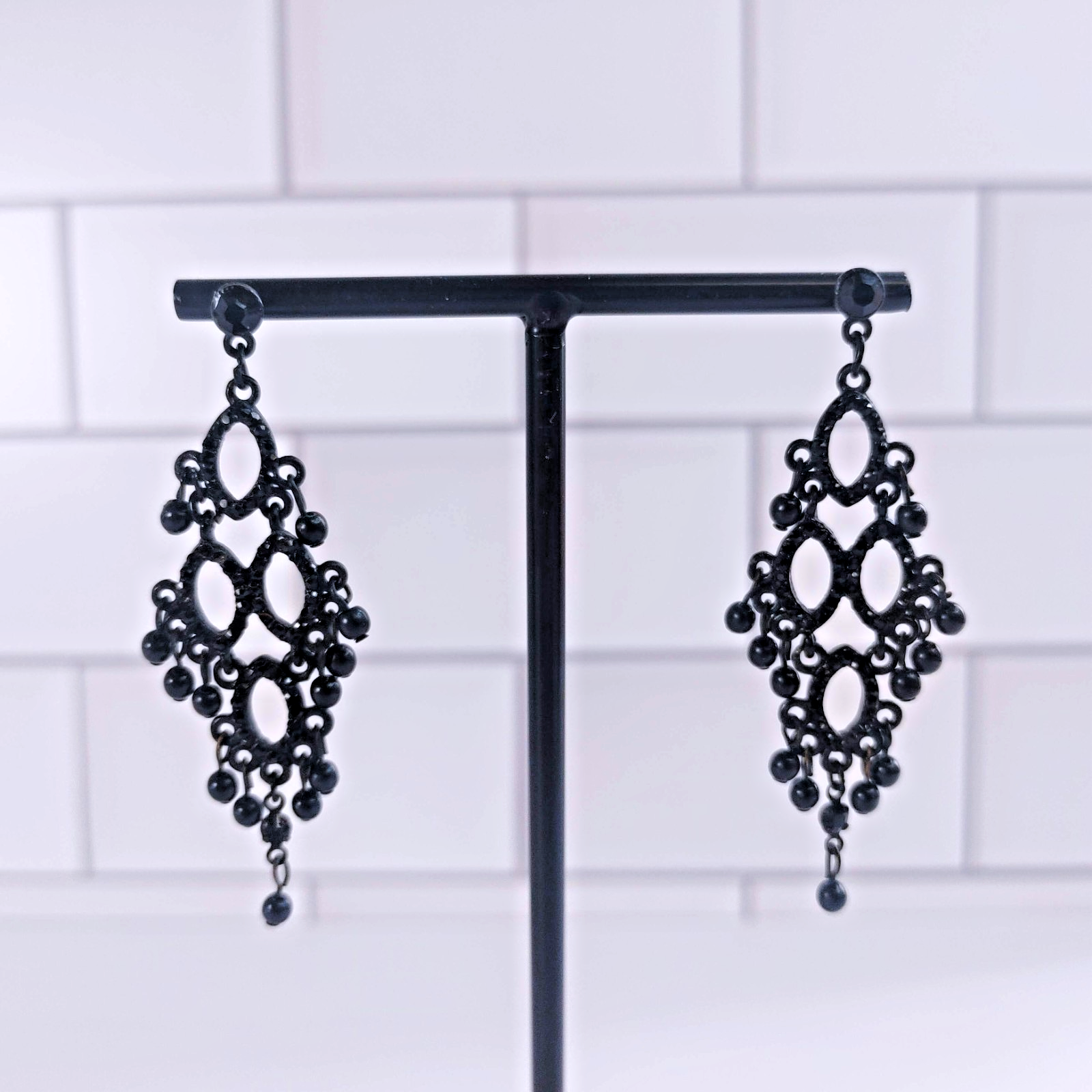 Black Rhinestone Bead Gothic Chandelier Dangle Post Earrings