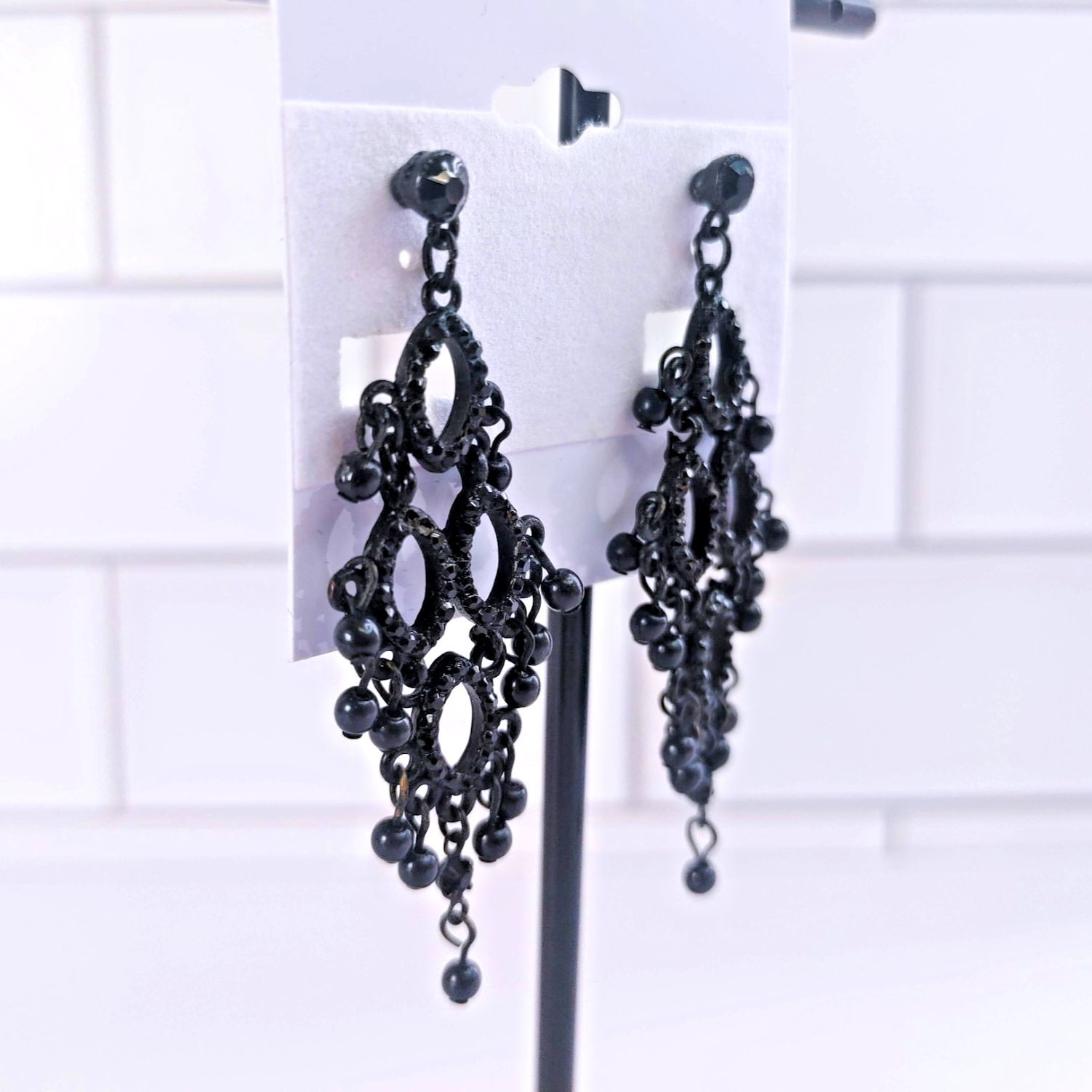 Black Rhinestone Bead Gothic Chandelier Dangle Post Earrings
