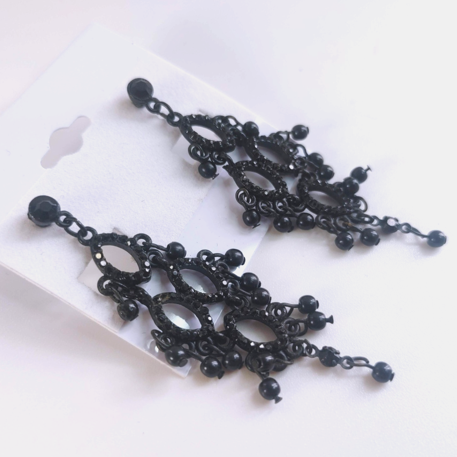 Black Rhinestone Bead Gothic Chandelier Dangle Post Earrings
