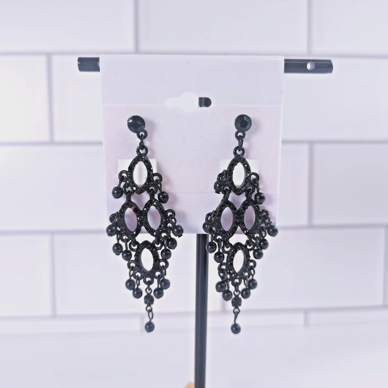 Black Rhinestone Bead Gothic Chandelier Dangle Post Earrings