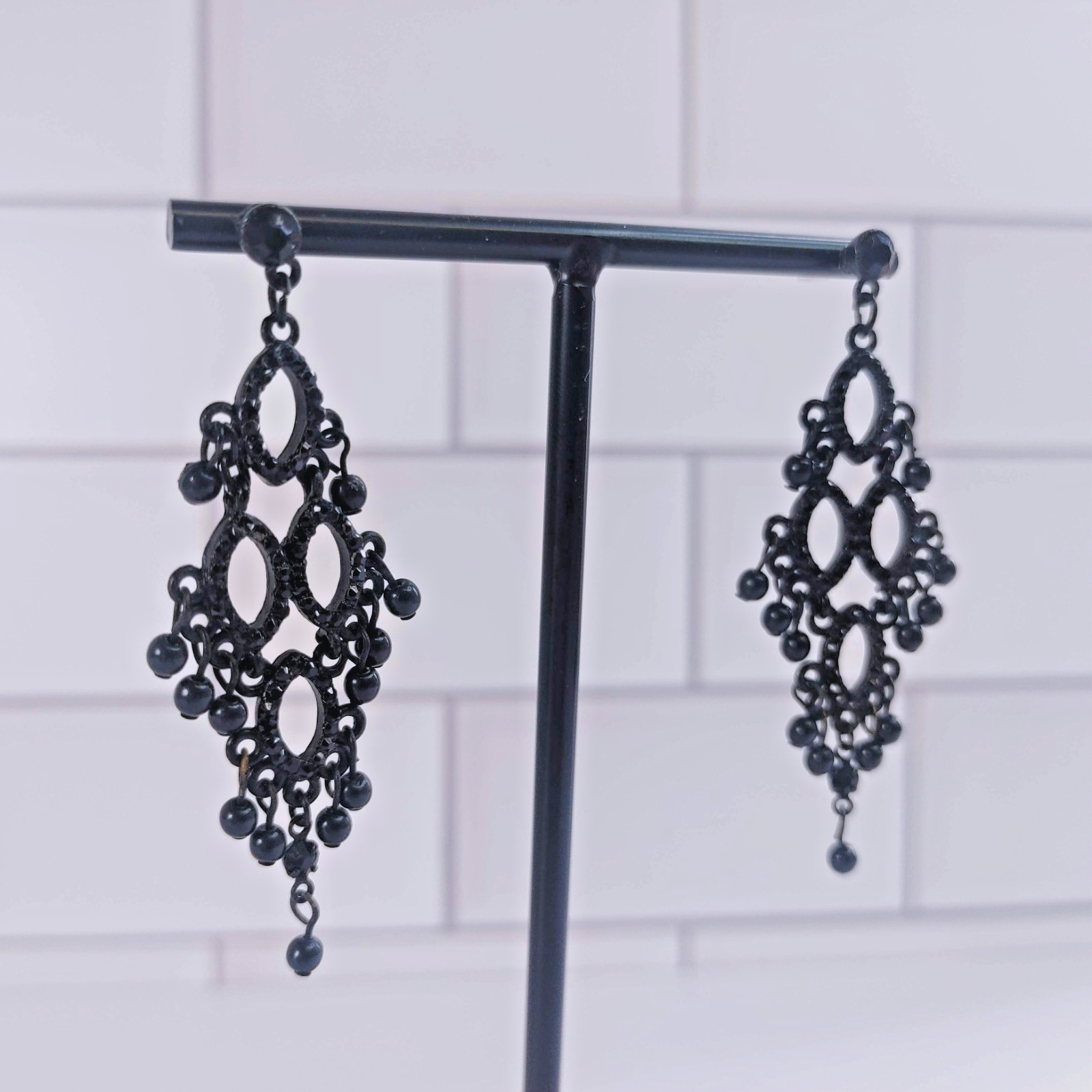Black Rhinestone Bead Gothic Chandelier Dangle Post Earrings