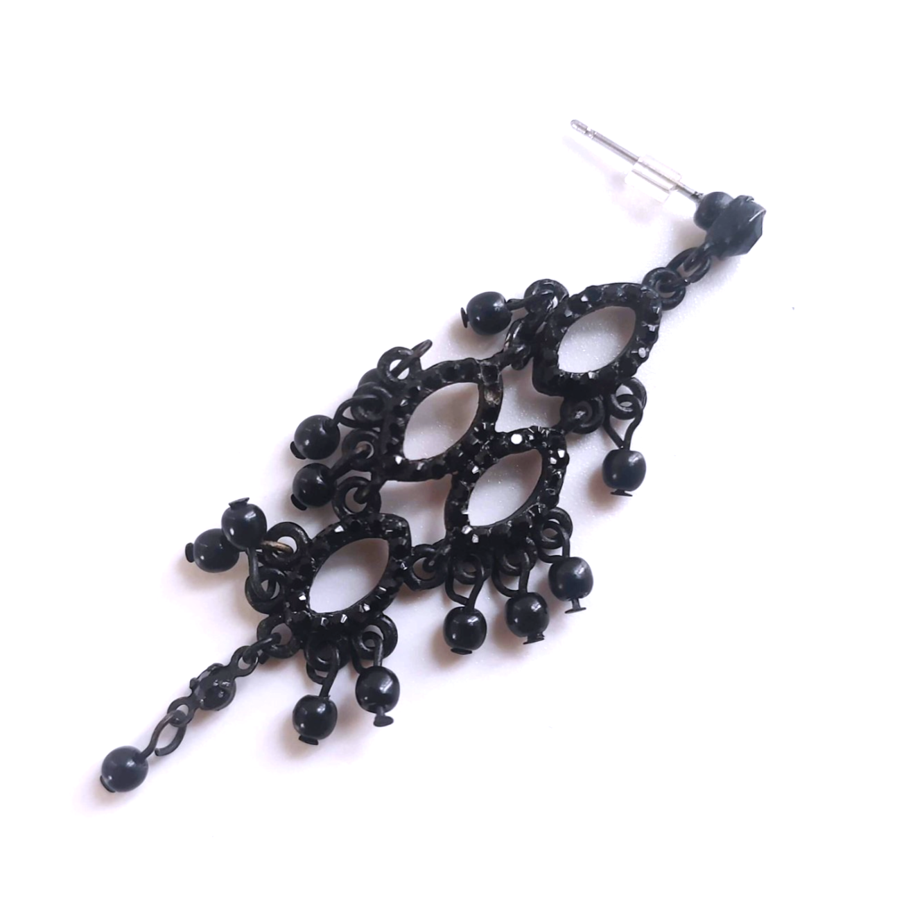 Black Rhinestone Bead Gothic Chandelier Dangle Post Earrings