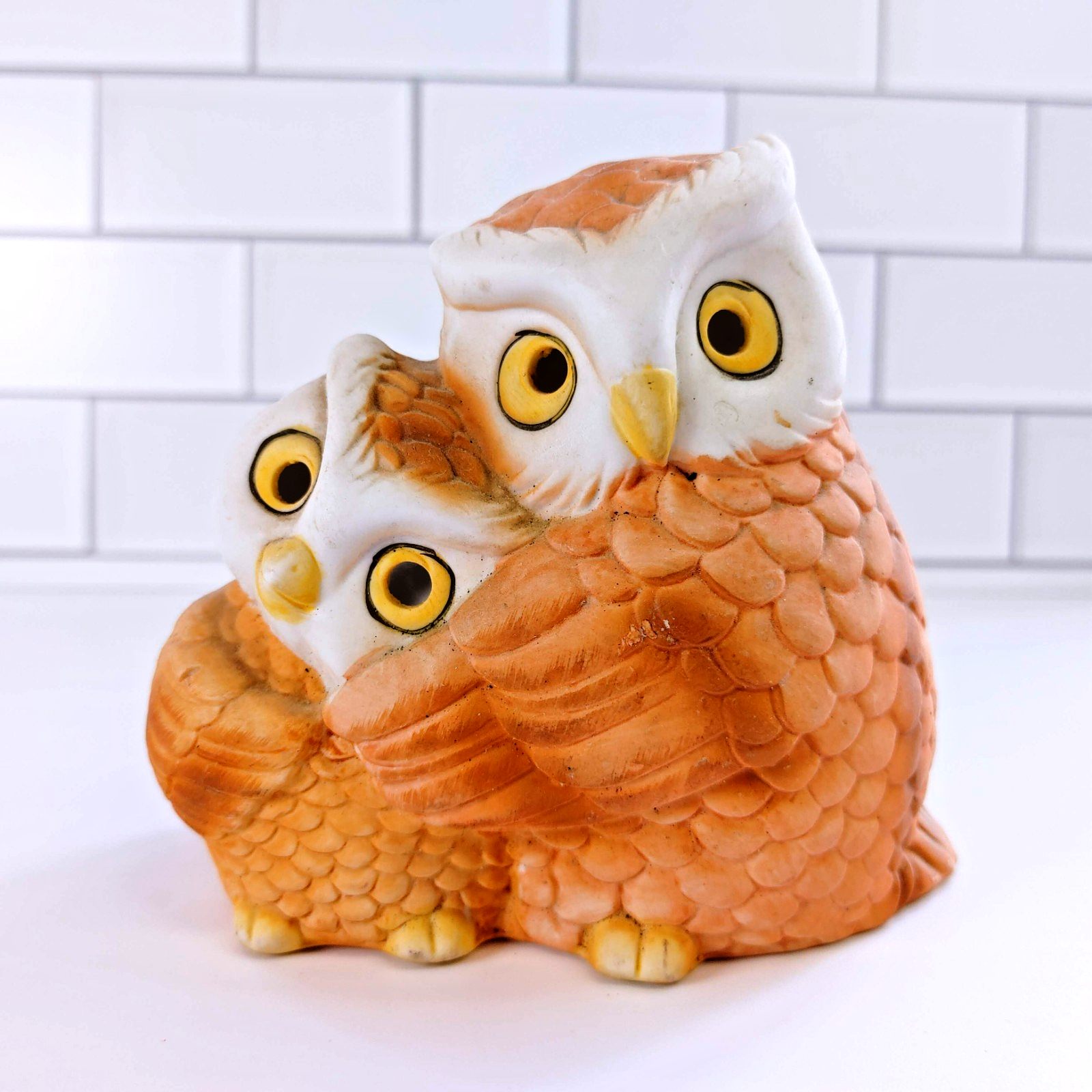 Vintage Owl Ceramic Votive Tealight Mother Baby Hugging Candle Holder
