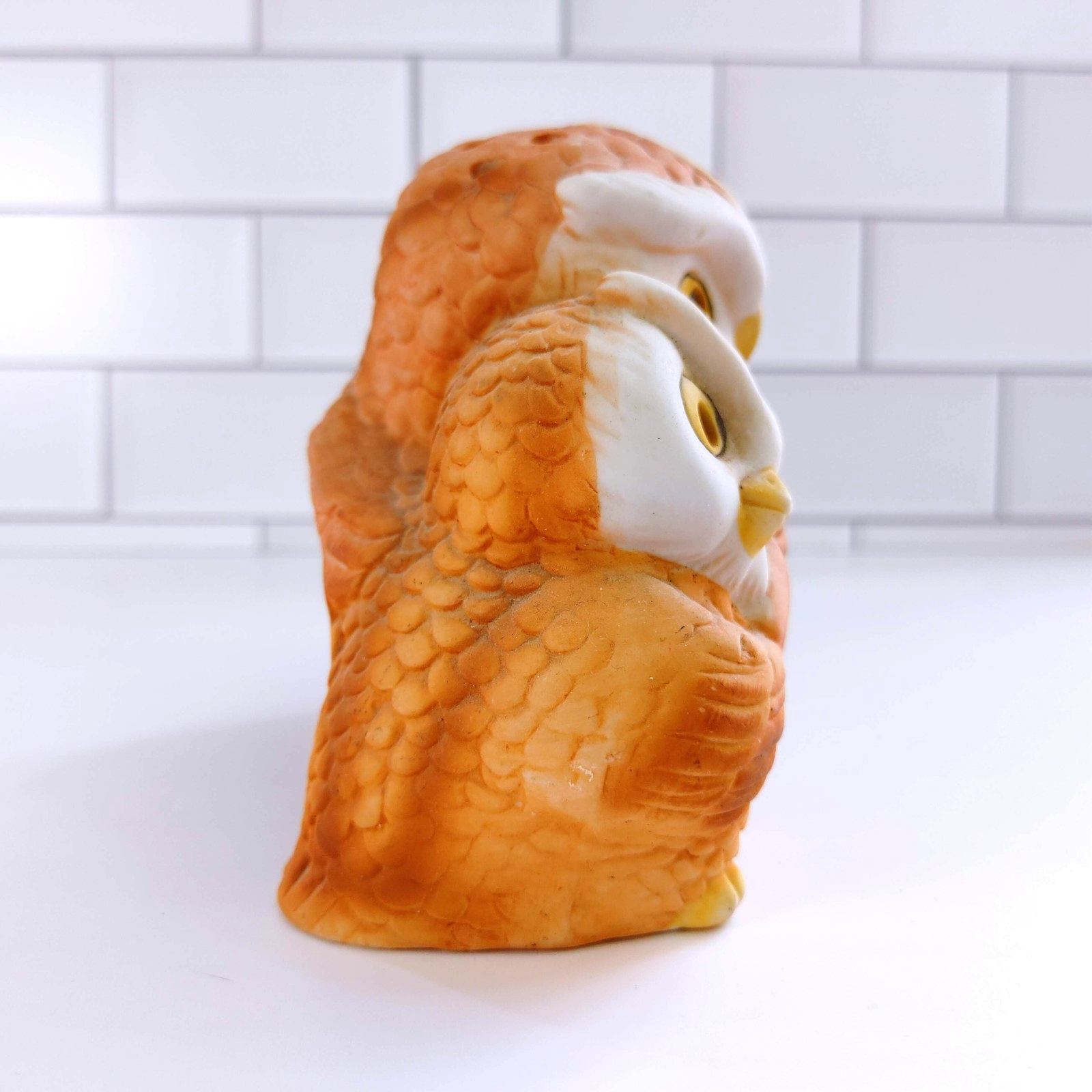 Vintage Owl Ceramic Votive Tealight Mother Baby Hugging Candle Holder