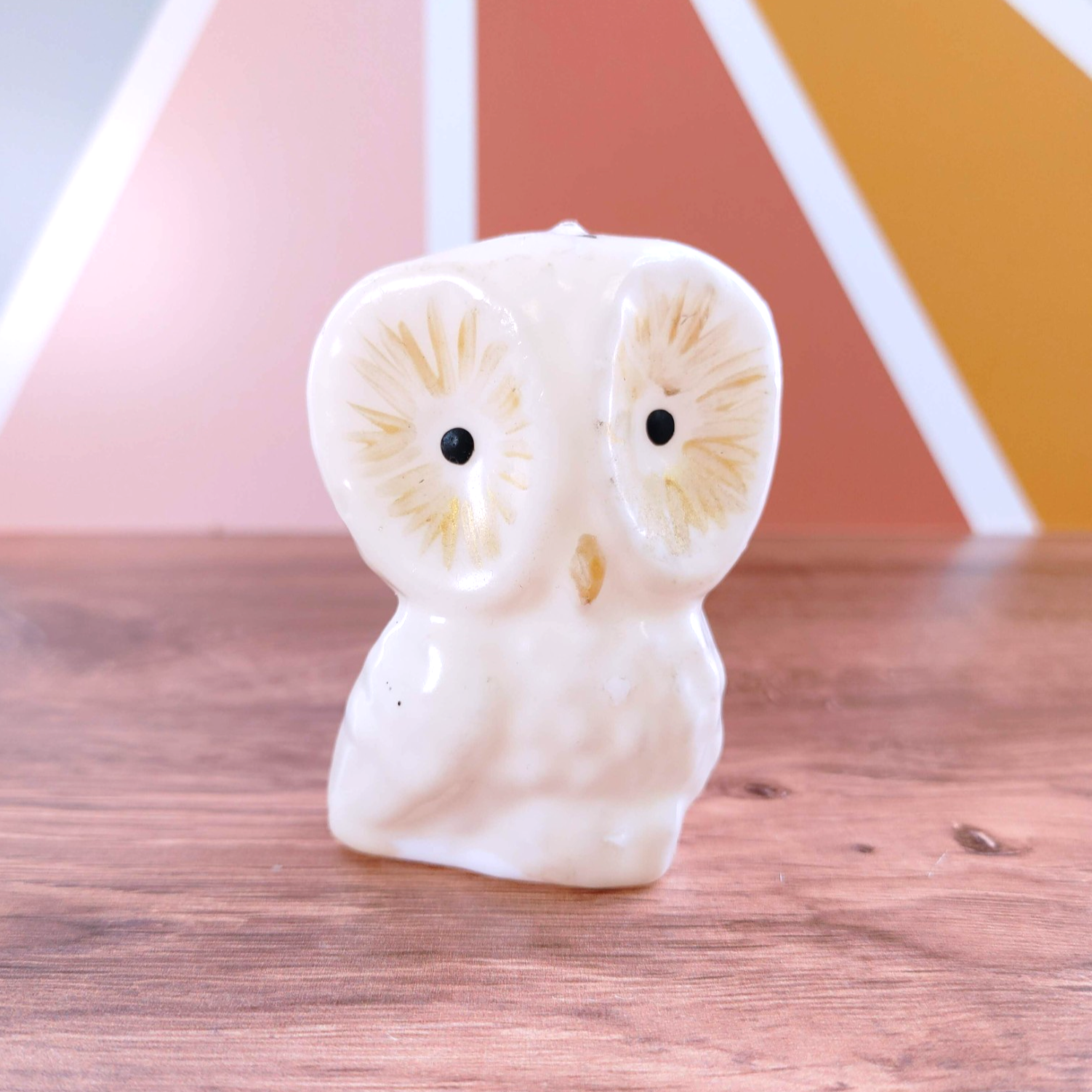 Vintage White Owl Candle Large Eyes Gold Accents 3"