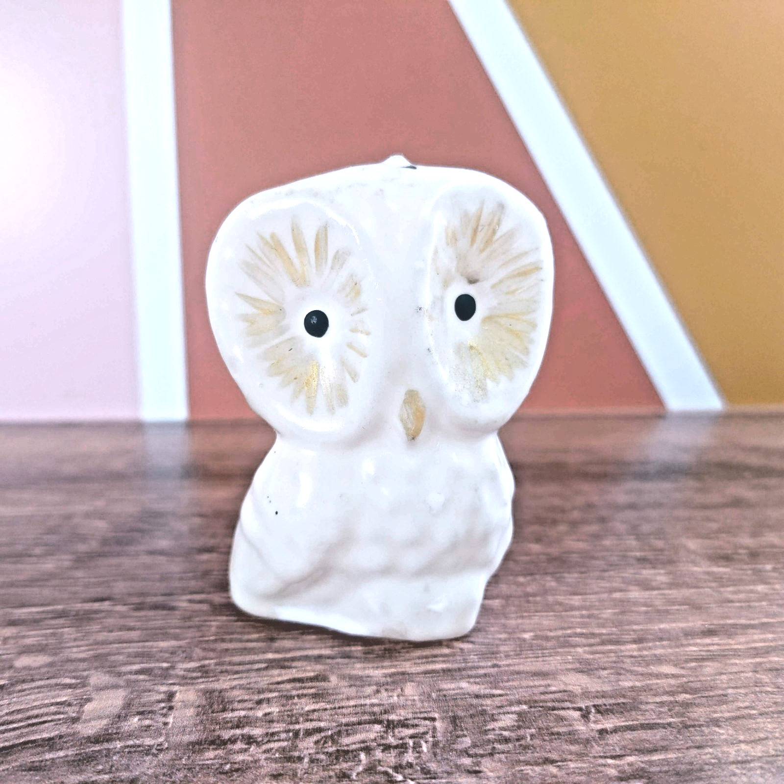 Vintage White Owl Candle Large Eyes Gold Accents 3"