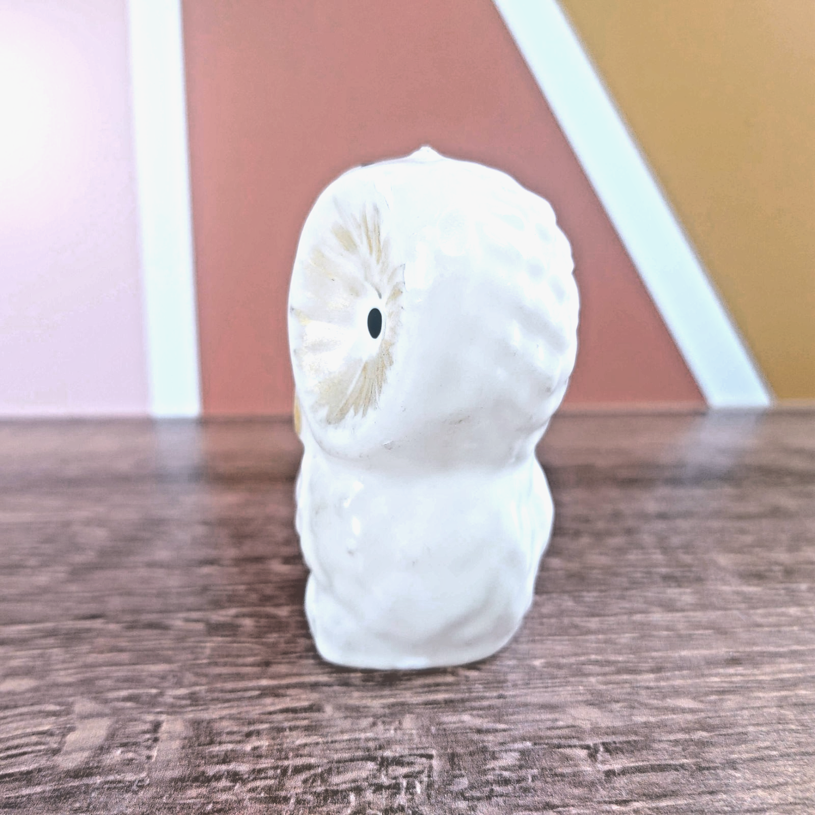 Vintage White Owl Candle Large Eyes Gold Accents 3"