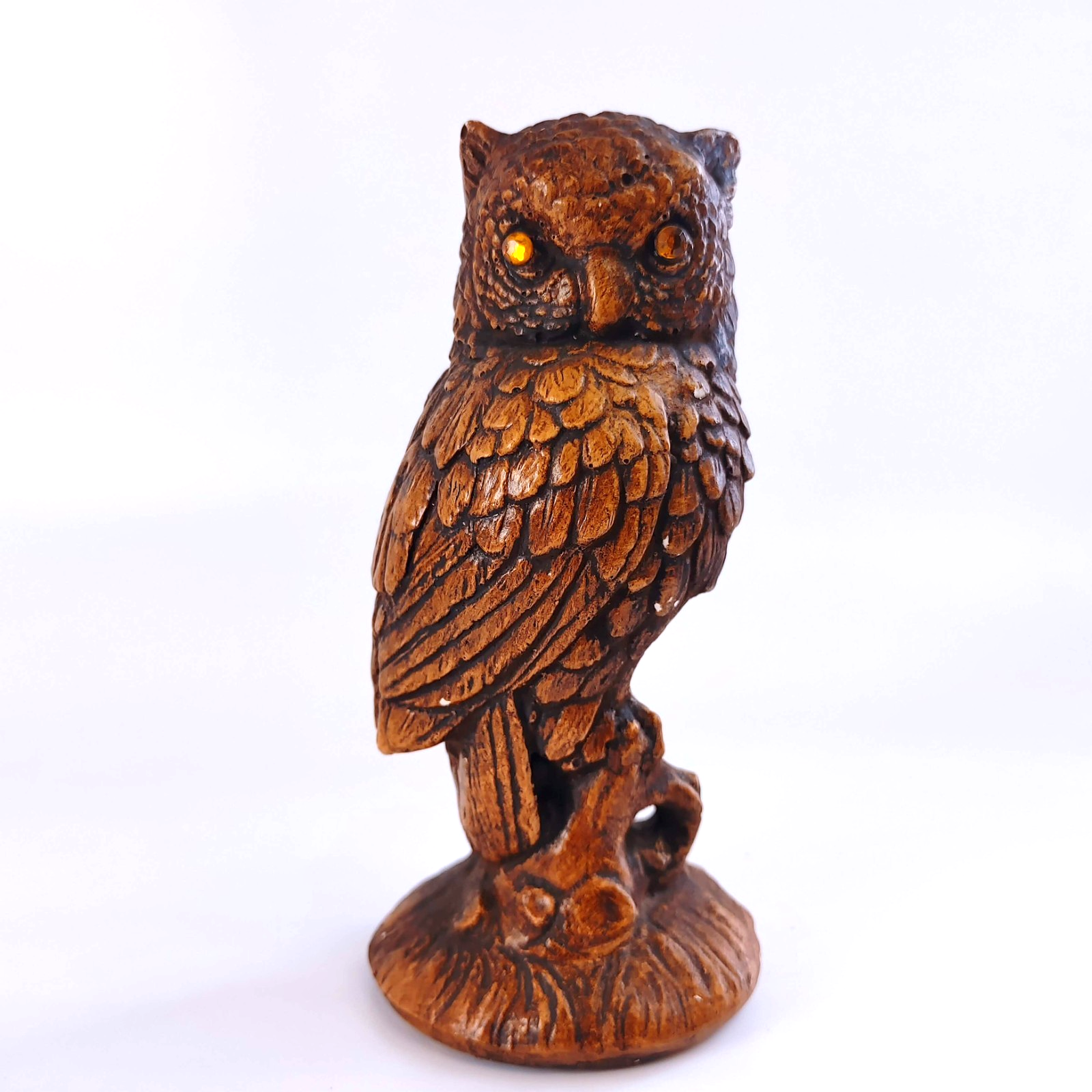 Vintage Ceramic Hand Painted Brown Owl Figurine 5 inches Gold Rhinestone Eyes