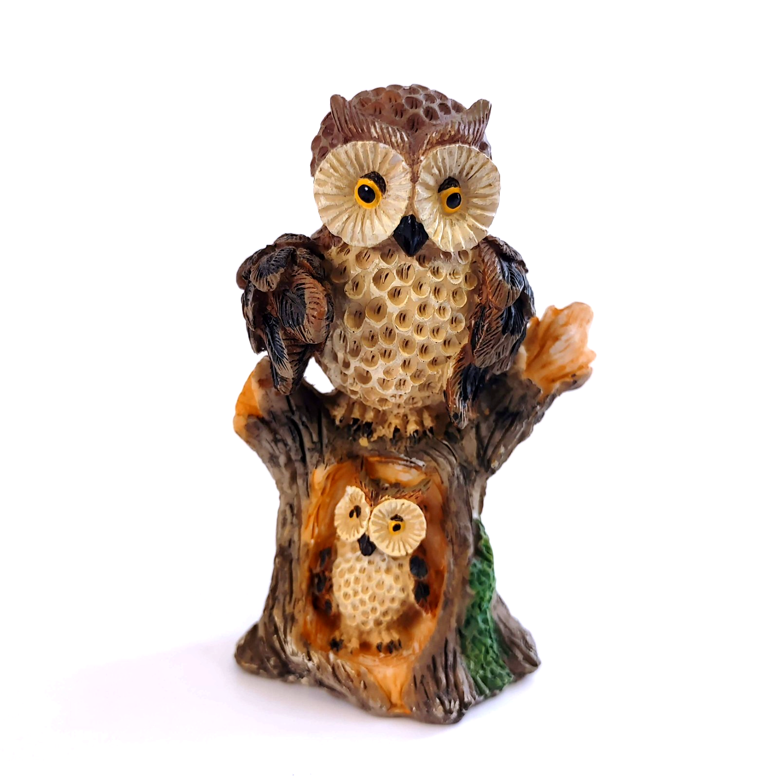 Vintage Owl and Owlet Sitting on Log Resin Figurine 1980s