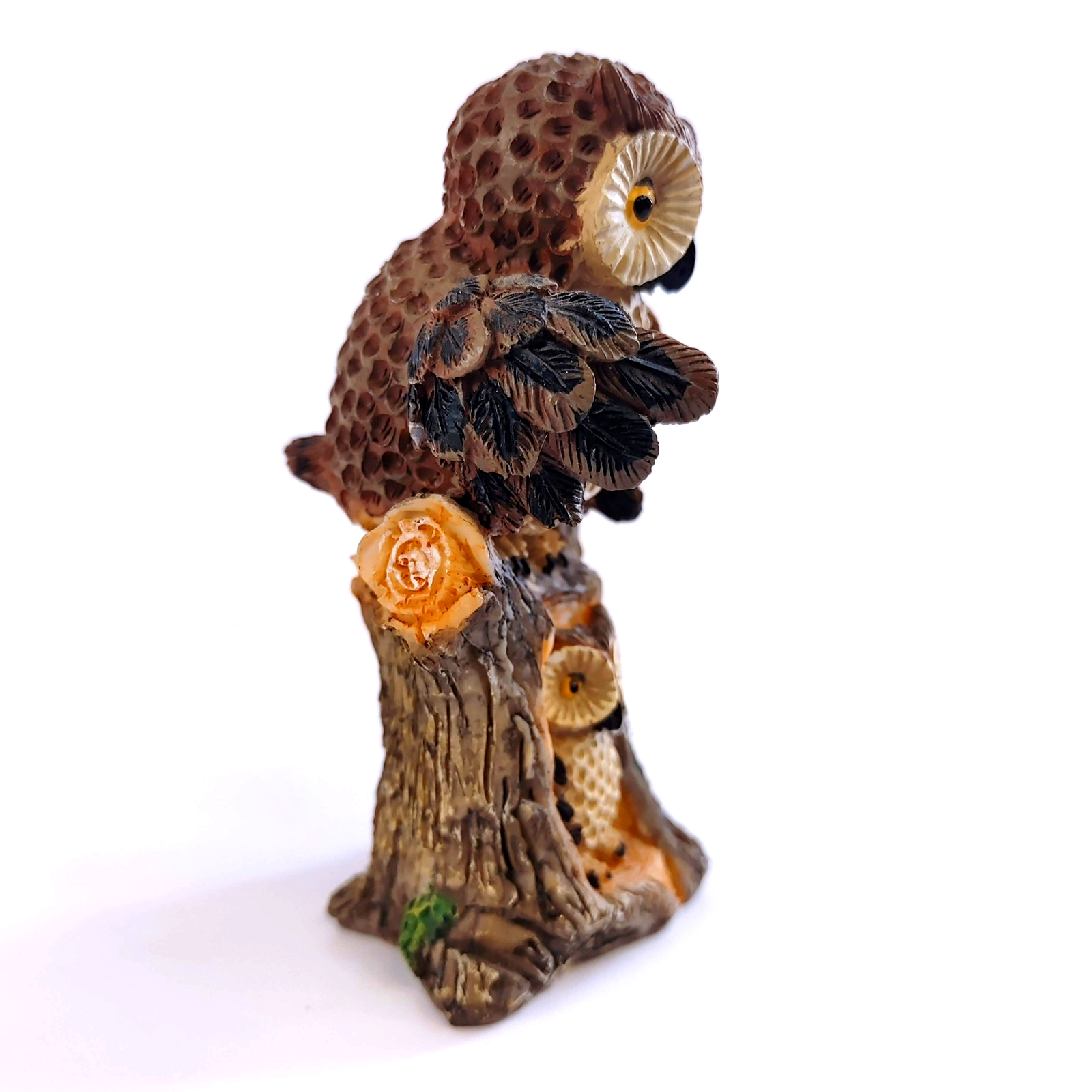 Vintage Owl and Owlet Sitting on Log Resin Figurine 1980s