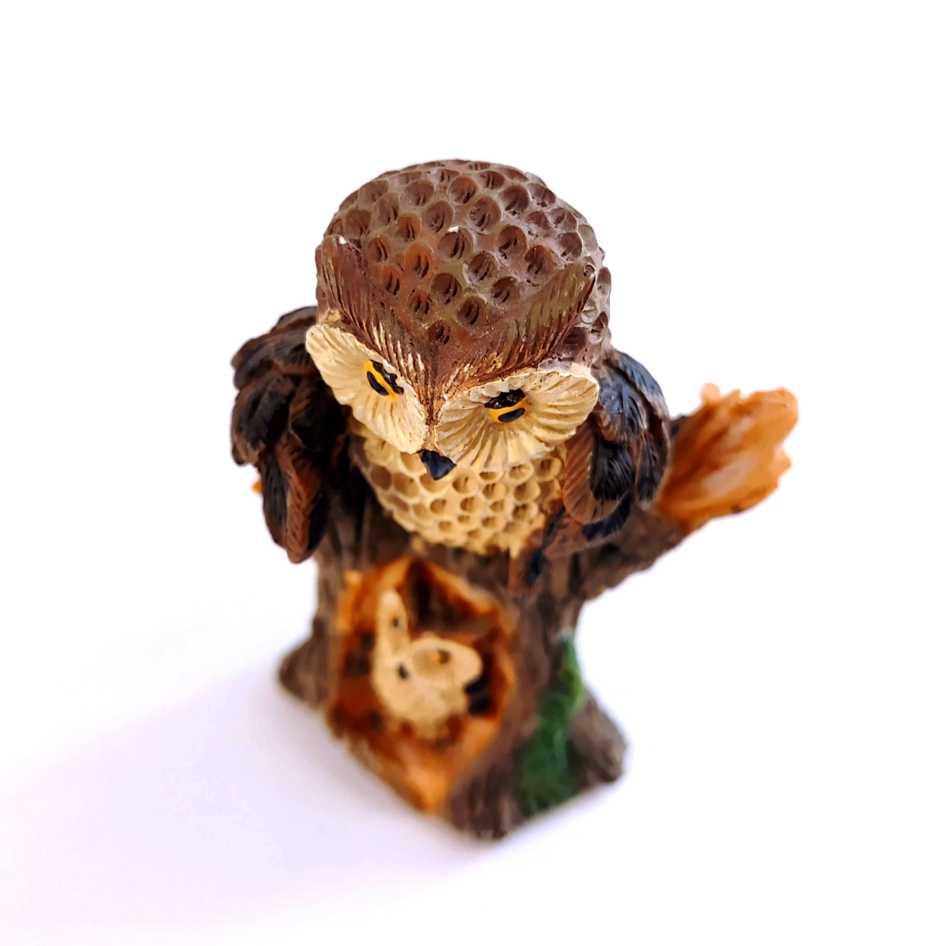 Vintage Owl and Owlet Sitting on Log Resin Figurine 1980s