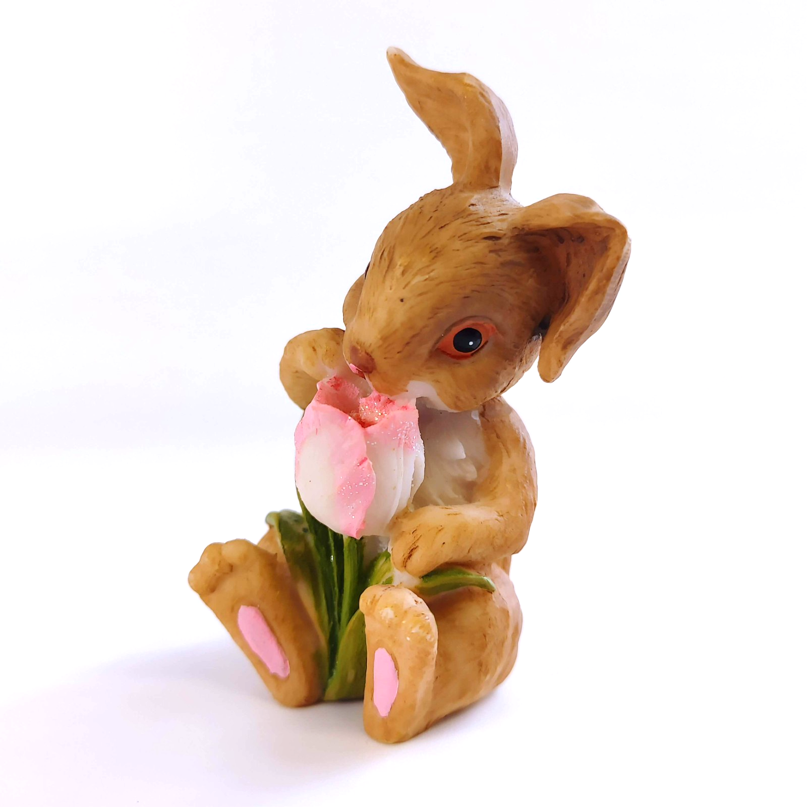 Vintage Small Resin Easter Rabbit with Flower Tulip 3.25 inches Spring Easter