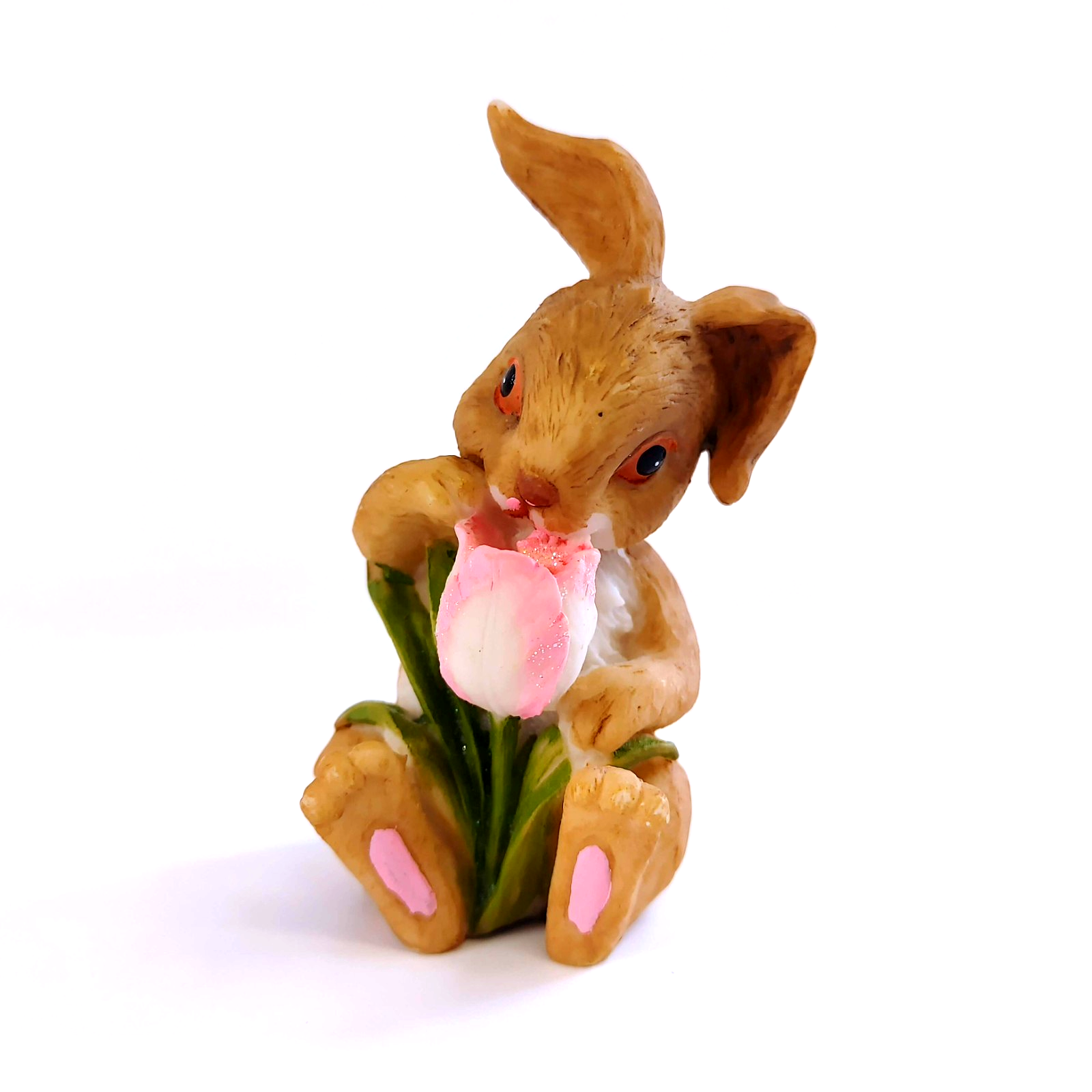 Vintage Small Resin Easter Rabbit with Flower Tulip 3.25 inches Spring Easter
