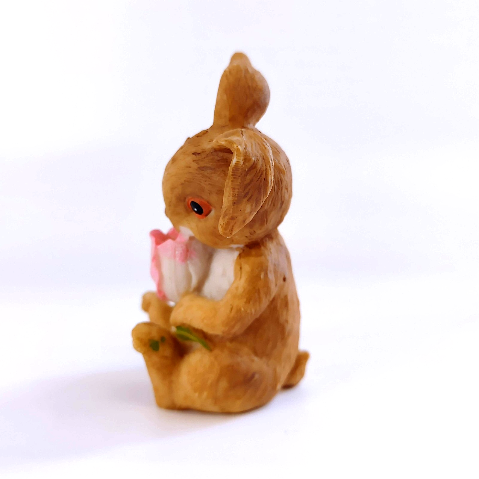 Vintage Small Resin Easter Rabbit with Flower Tulip 3.25 inches Spring Easter