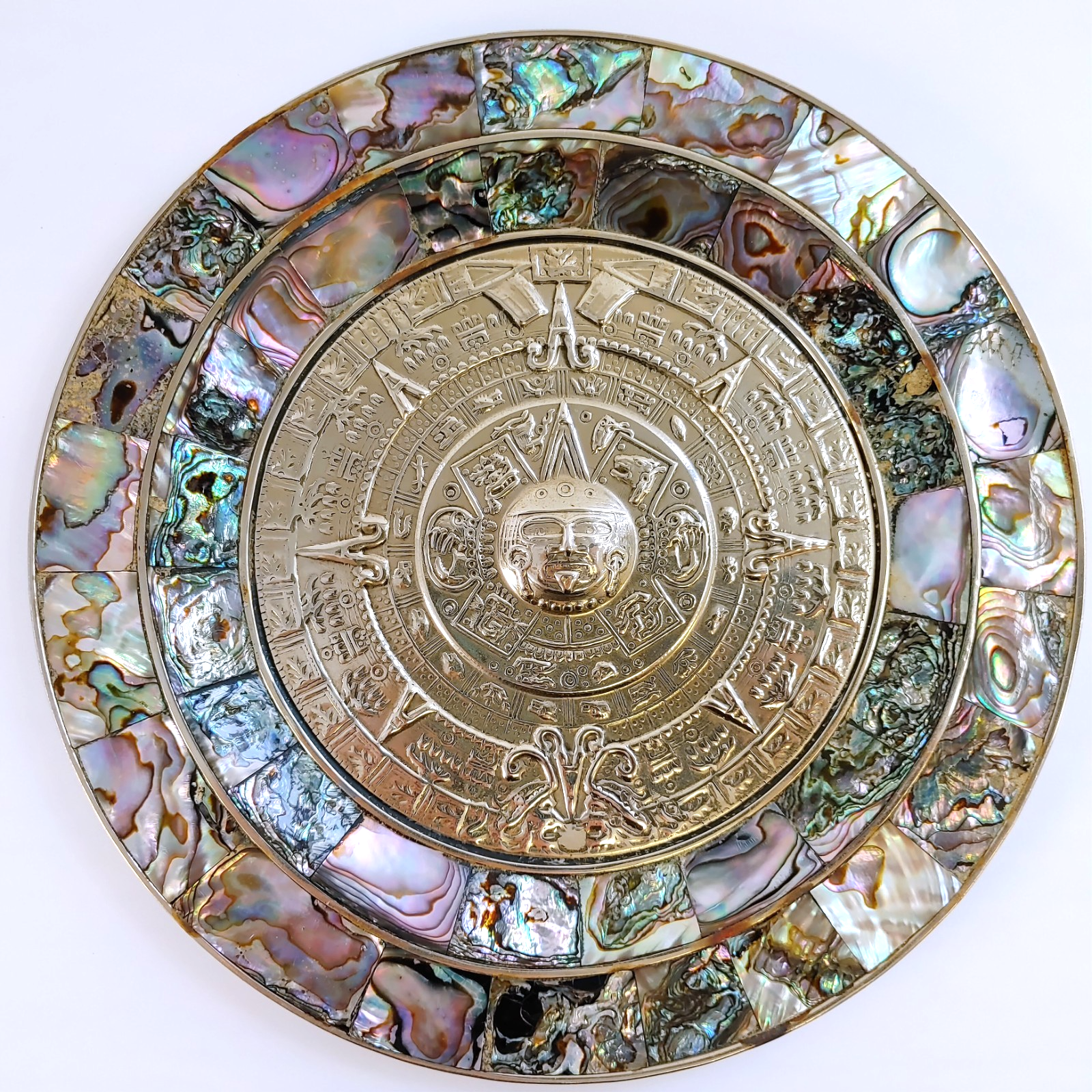 Vintage Mexican Alpaca Silver Embossed Mayan Calendar Abalone Rim 7” Wall Plate