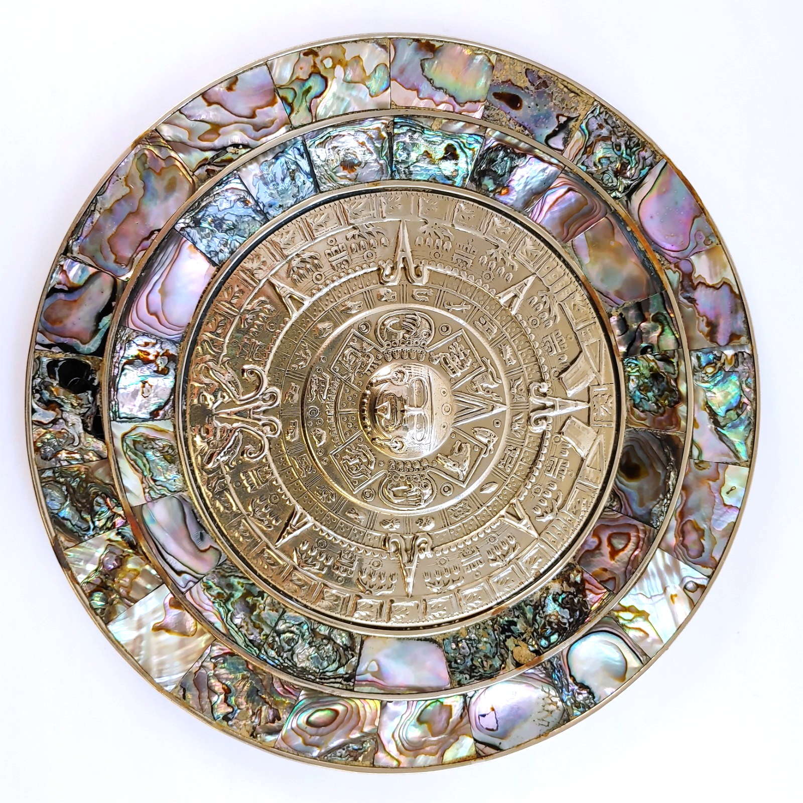 Vintage Mexican Alpaca Silver Embossed Mayan Calendar Abalone Rim 7” Wall Plate