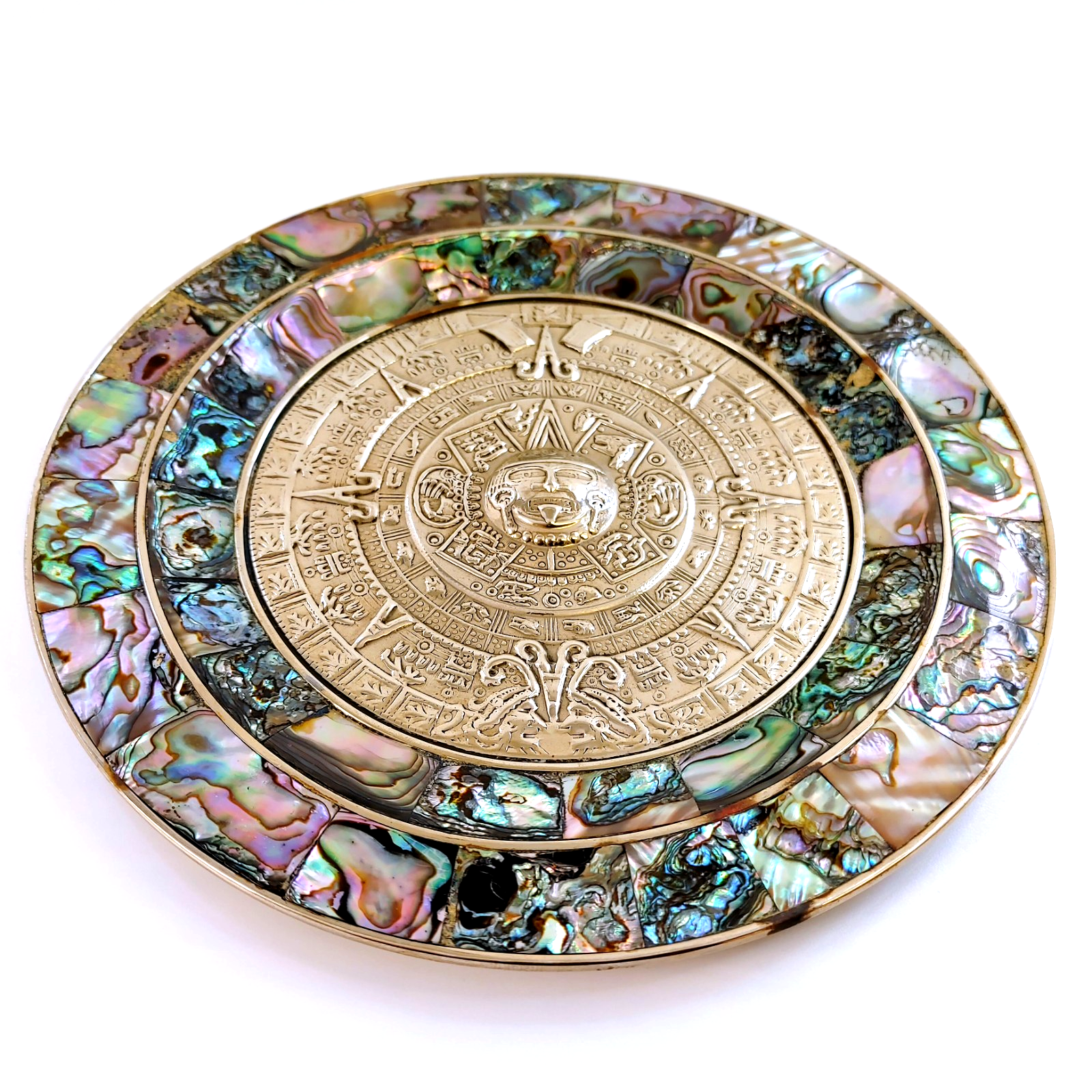 Vintage Mexican Alpaca Silver Embossed Mayan Calendar Abalone Rim 7” Wall Plate