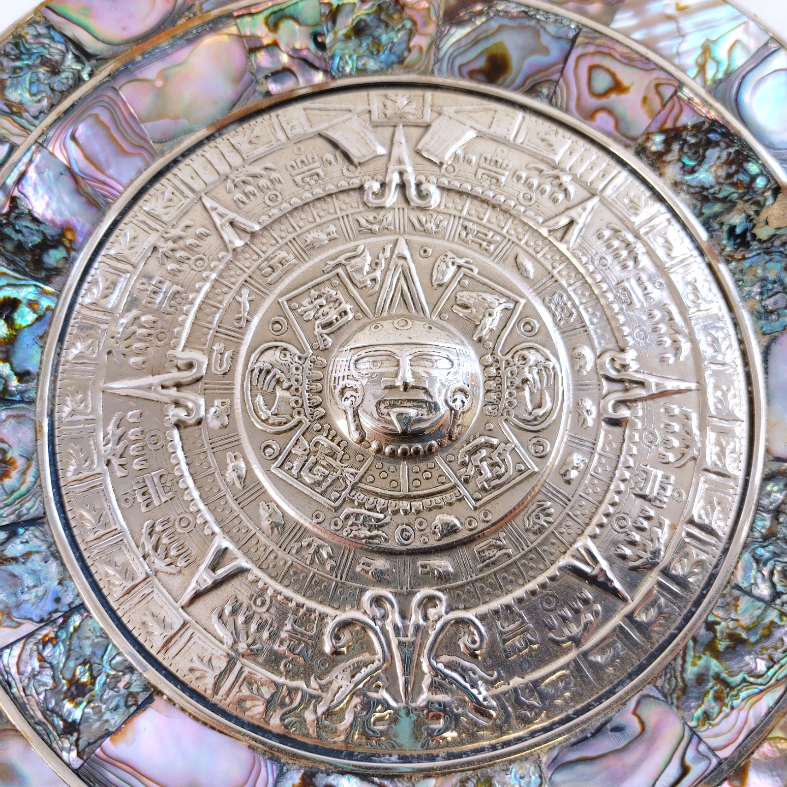 Vintage Mexican Alpaca Silver Embossed Mayan Calendar Abalone Rim 7” Wall Plate