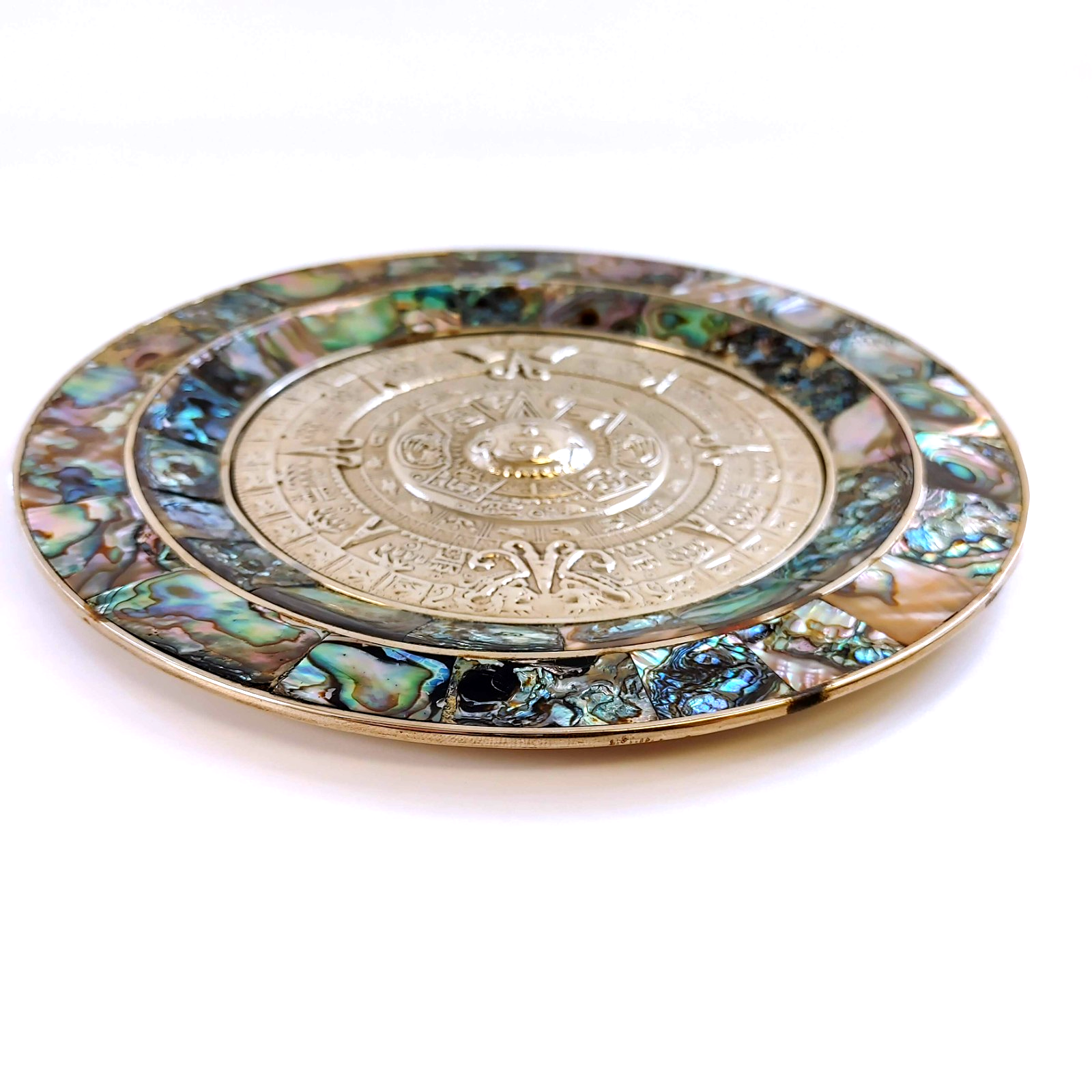 Vintage Mexican Alpaca Silver Embossed Mayan Calendar Abalone Rim 7” Wall Plate