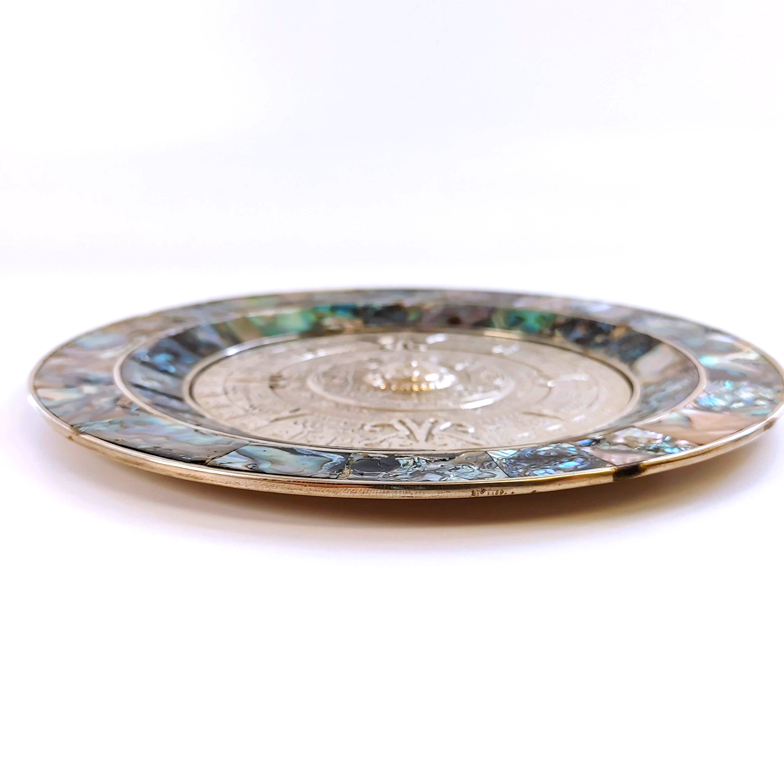 Vintage Mexican Alpaca Silver Embossed Mayan Calendar Abalone Rim 7” Wall Plate