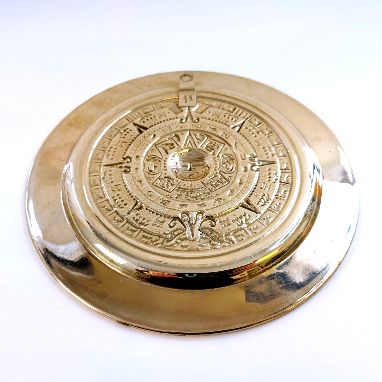 Vintage Mexican Alpaca Silver Embossed Mayan Calendar Abalone Rim 7” Wall Plate