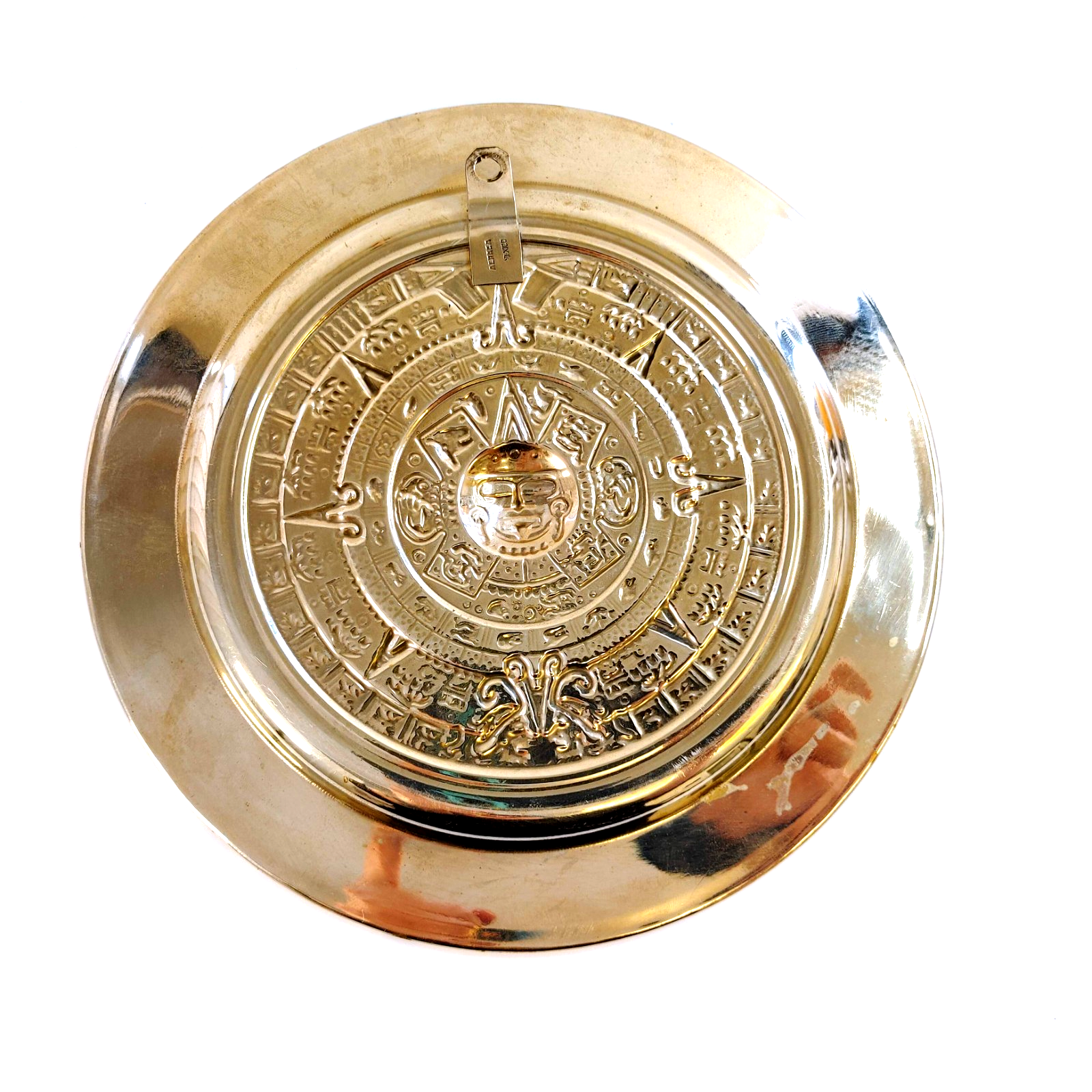 Vintage Mexican Alpaca Silver Embossed Mayan Calendar Abalone Rim 7” Wall Plate