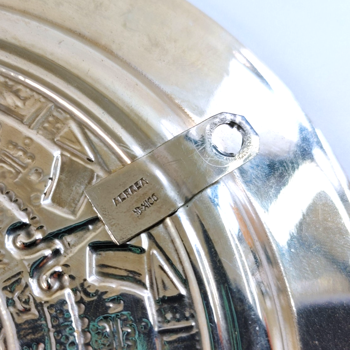 Vintage Mexican Alpaca Silver Embossed Mayan Calendar Abalone Rim 7” Wall Plate