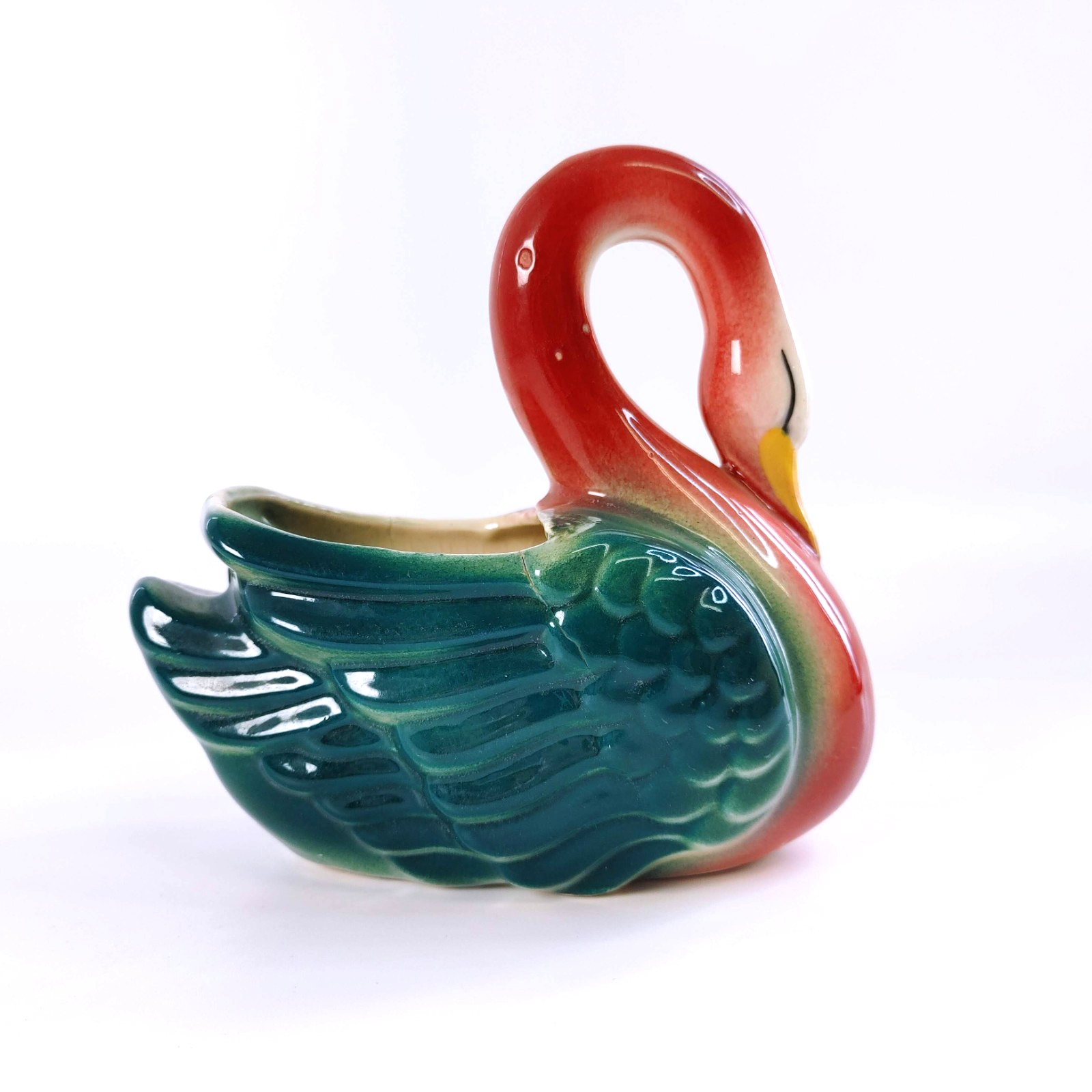 Vintage Shawnee Pottery Swan Planter Maroon Green